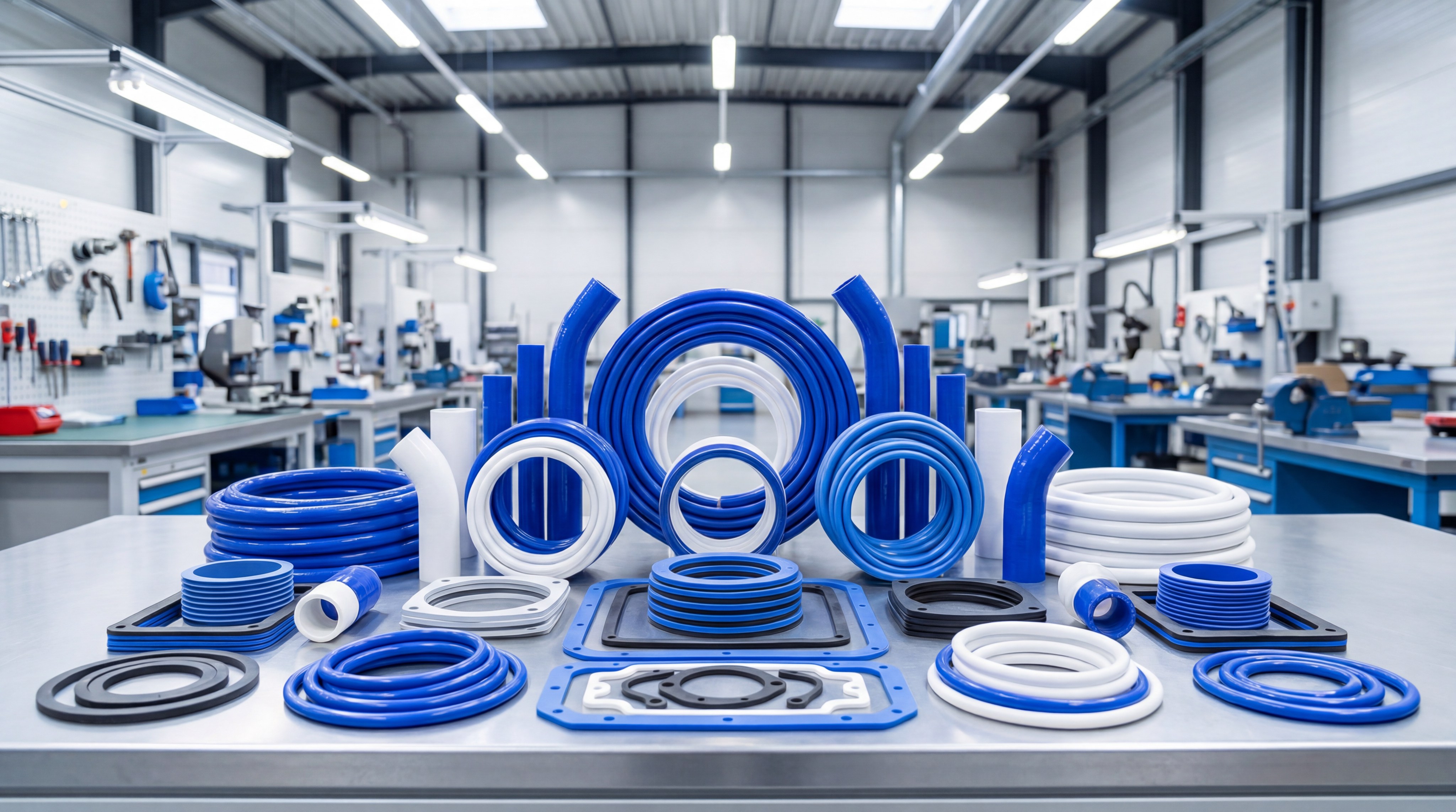 Factory display showing various 60A silicone tubes and profiles.