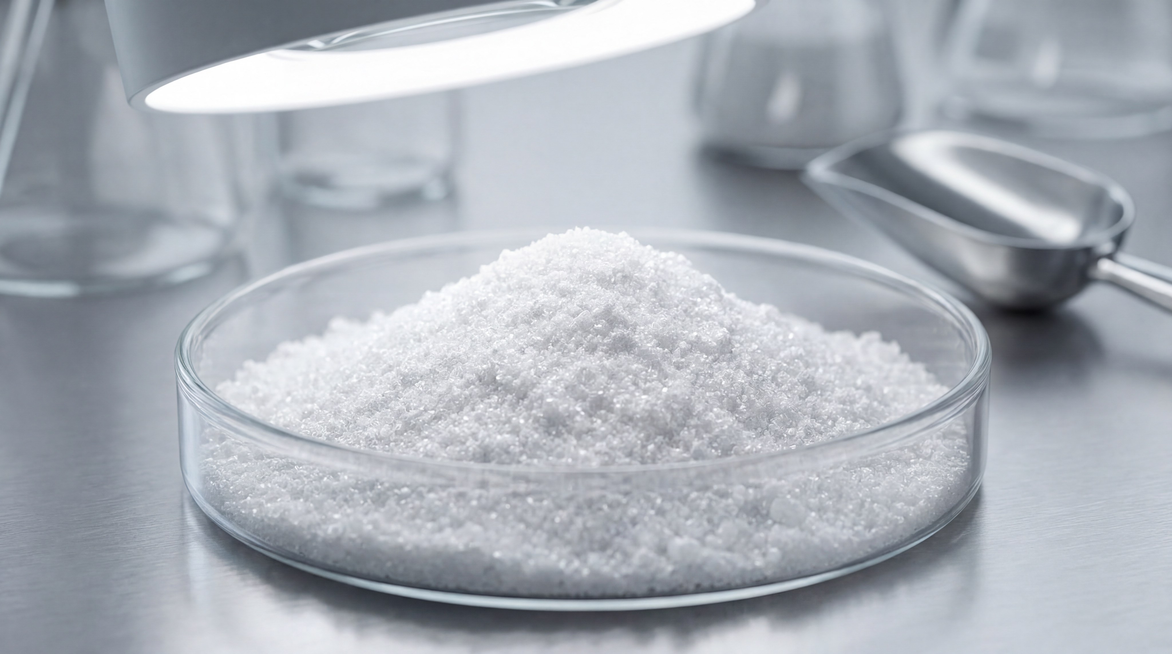 A macro photography view of high-purity fumed silica powder on a laboratory dish under bright professional lighting