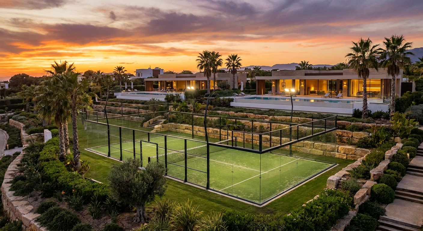 luxury padel court sunset