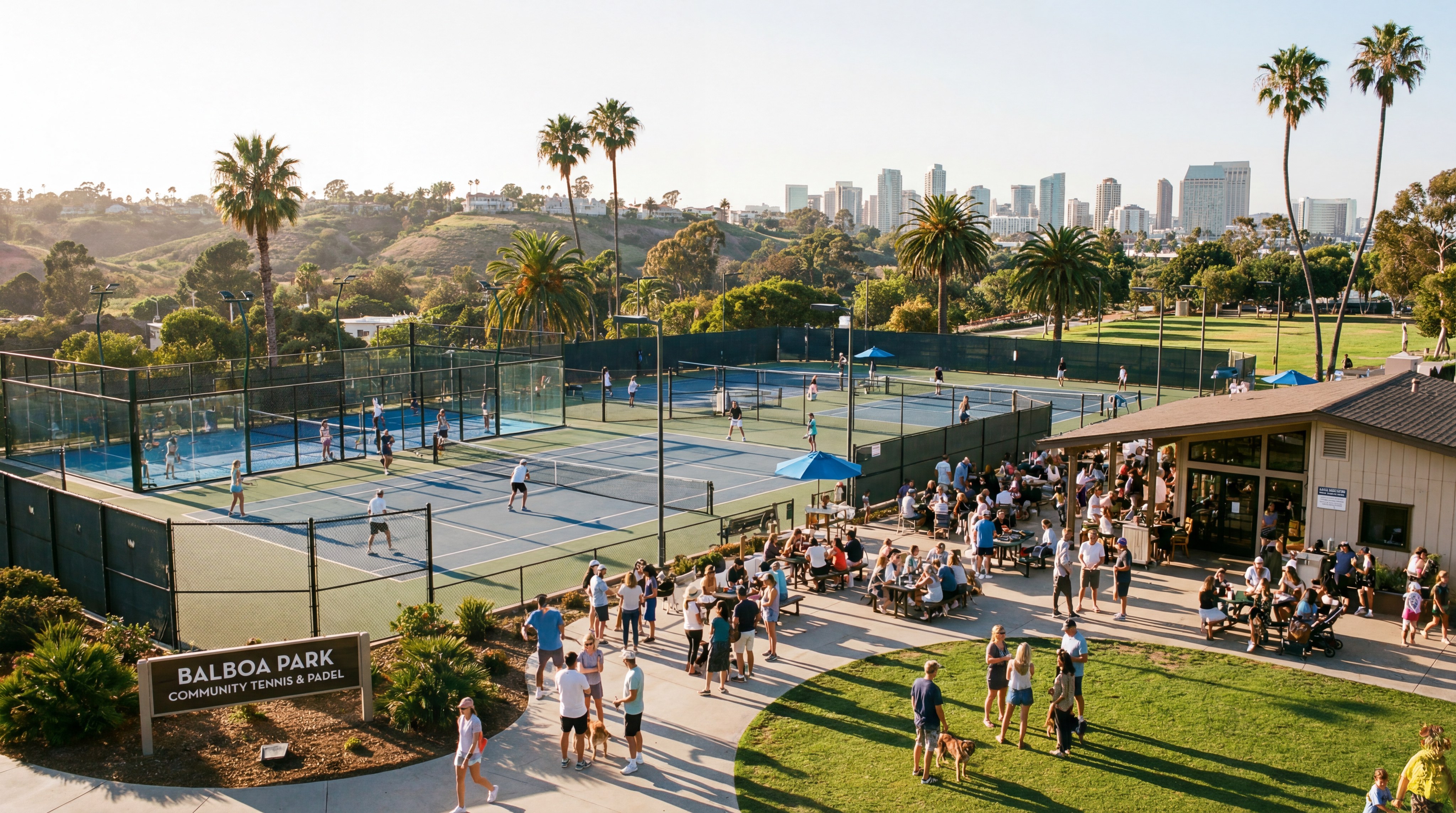 Image: Multiple padel courts situated within a large tennis complex in San Diego