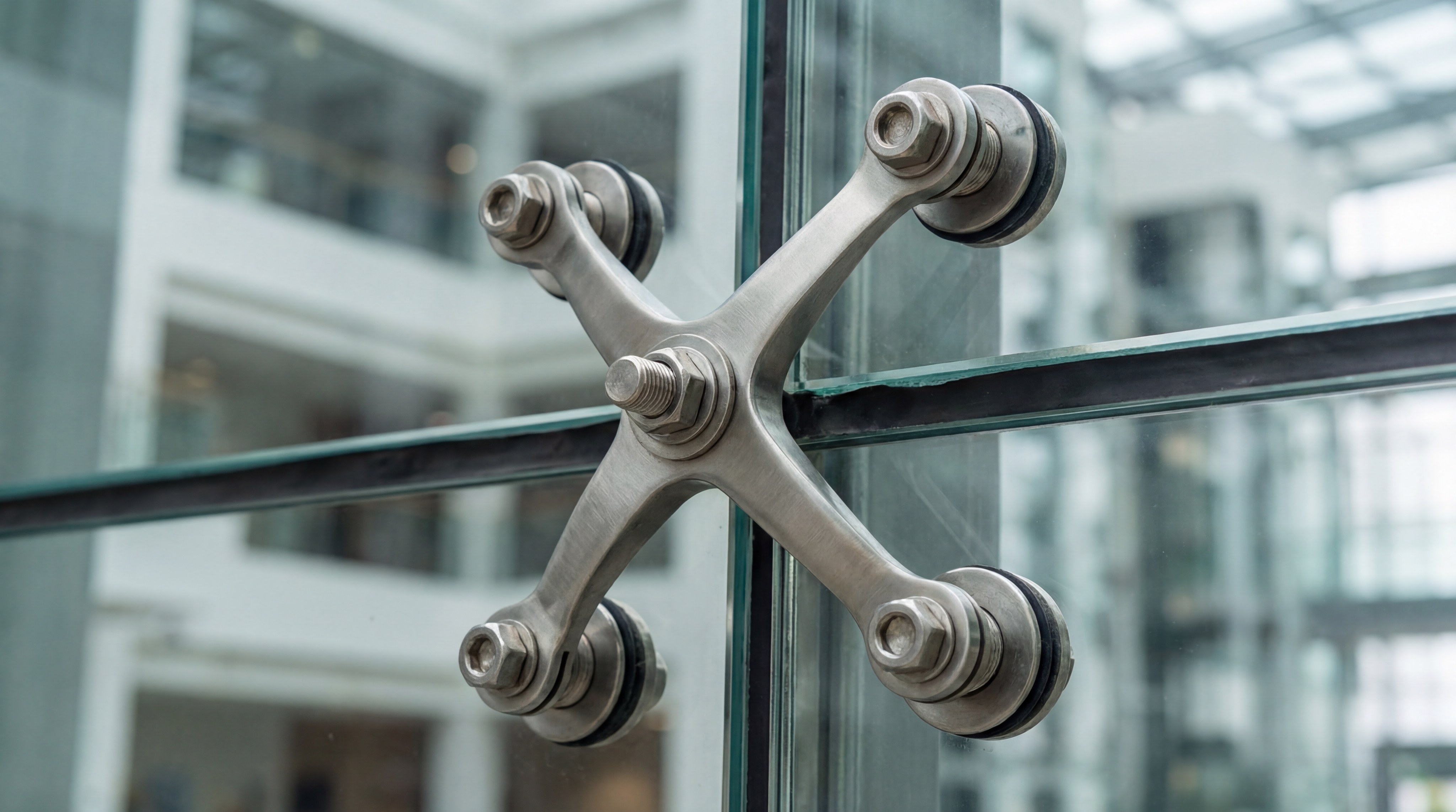 Macro photorealistic shot of a stainless steel glass spider fitting holding four thick glass panels together, showing the tension and structural support.