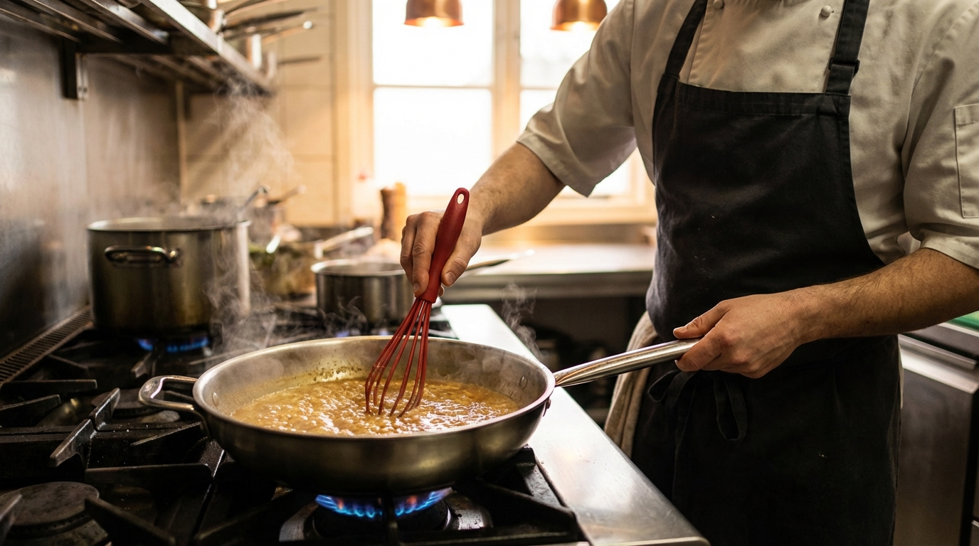 Chef using a silicone whisk in a professional kitchen
