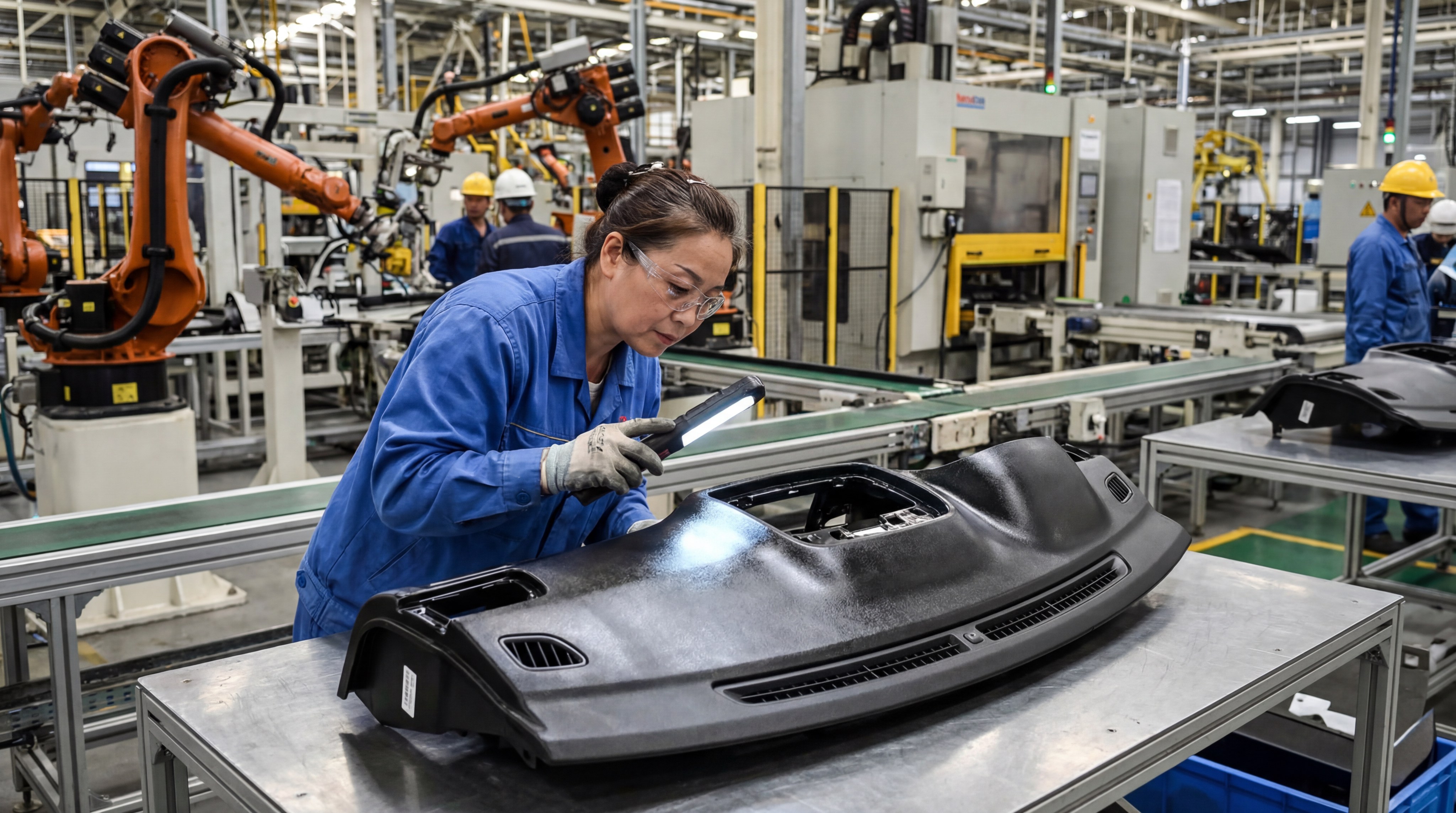 An Asian worker inspecting a large black car dashboard made in our factory.