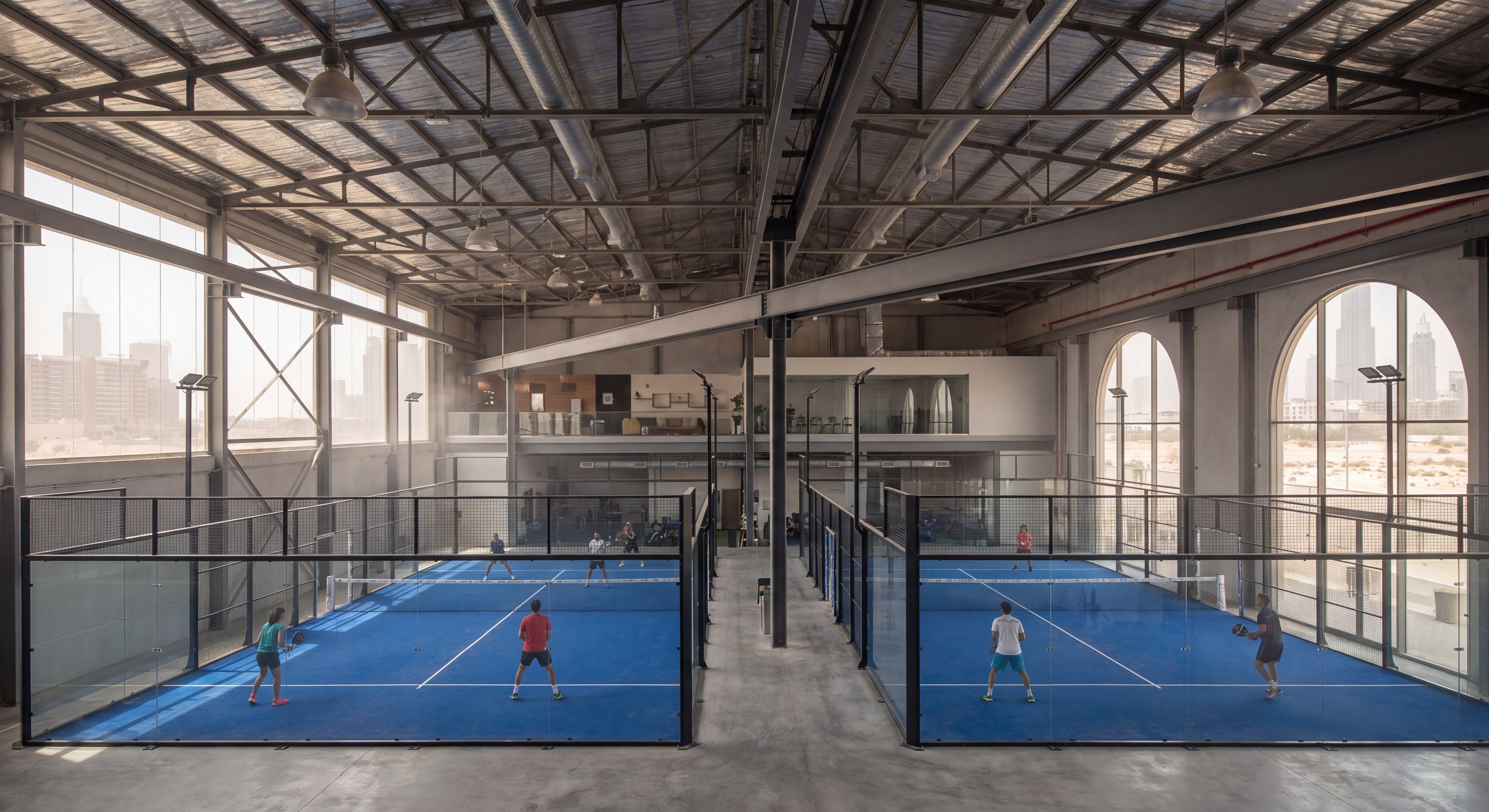 A wide interior view of a warehouse converted into a modern padel club with multiple blue courts