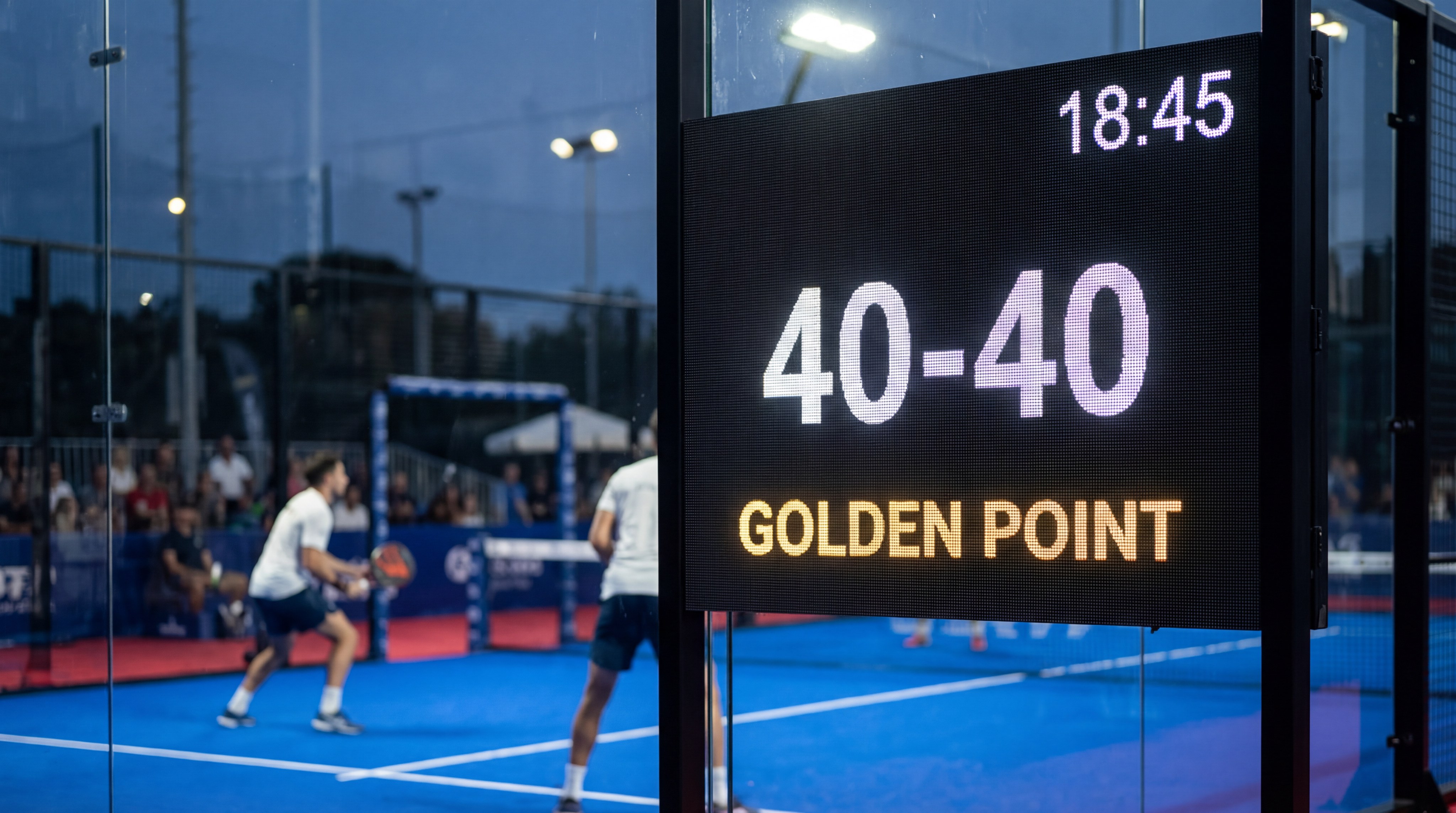 A high-end digital scoreboard on a professional padel court displaying a 40-40 deuce score with "Golden Point" highlighted in gold text.