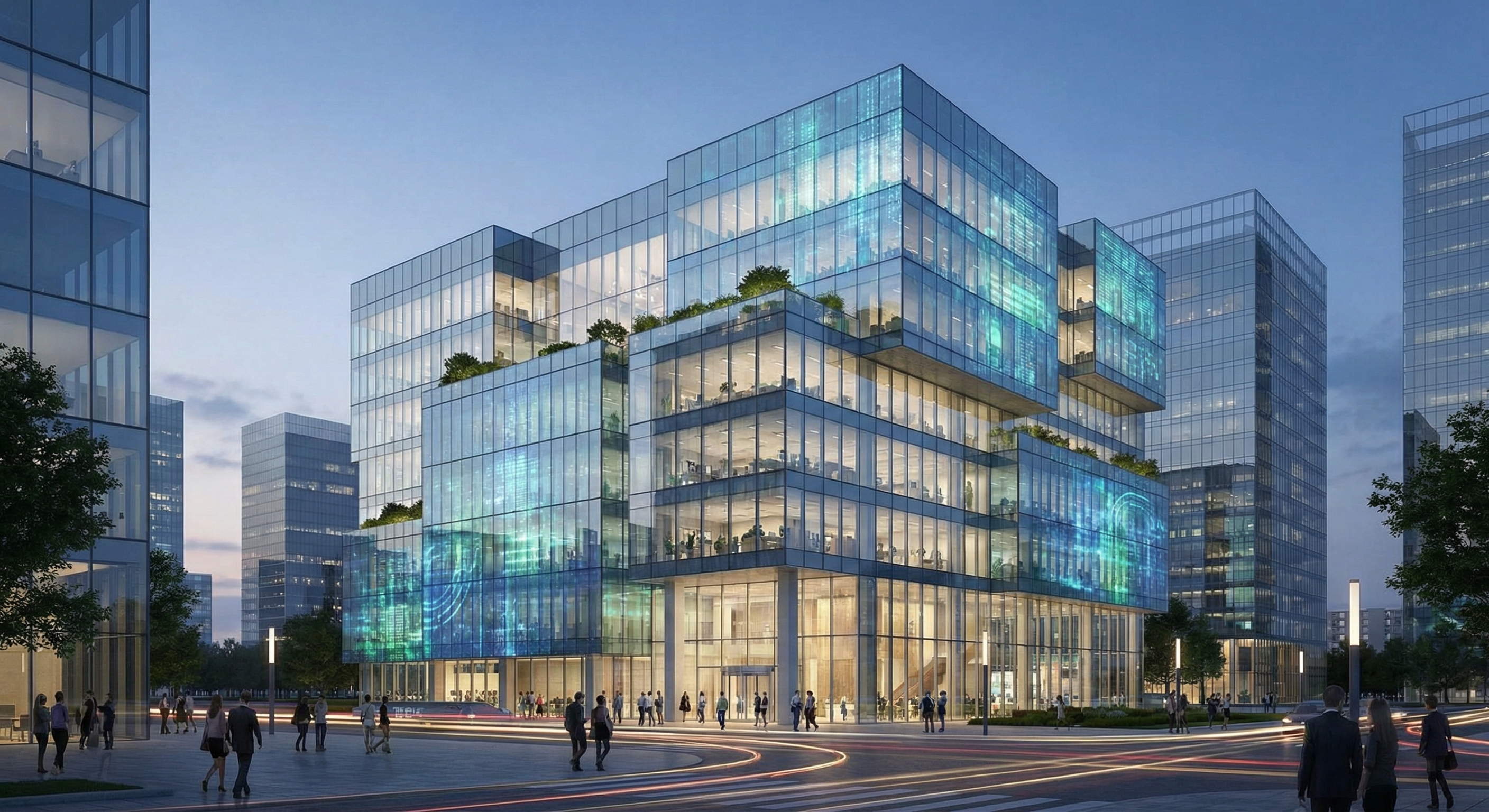 Futuristic architectural render of a smart building with glass panels showing interactive data and changing opacity.