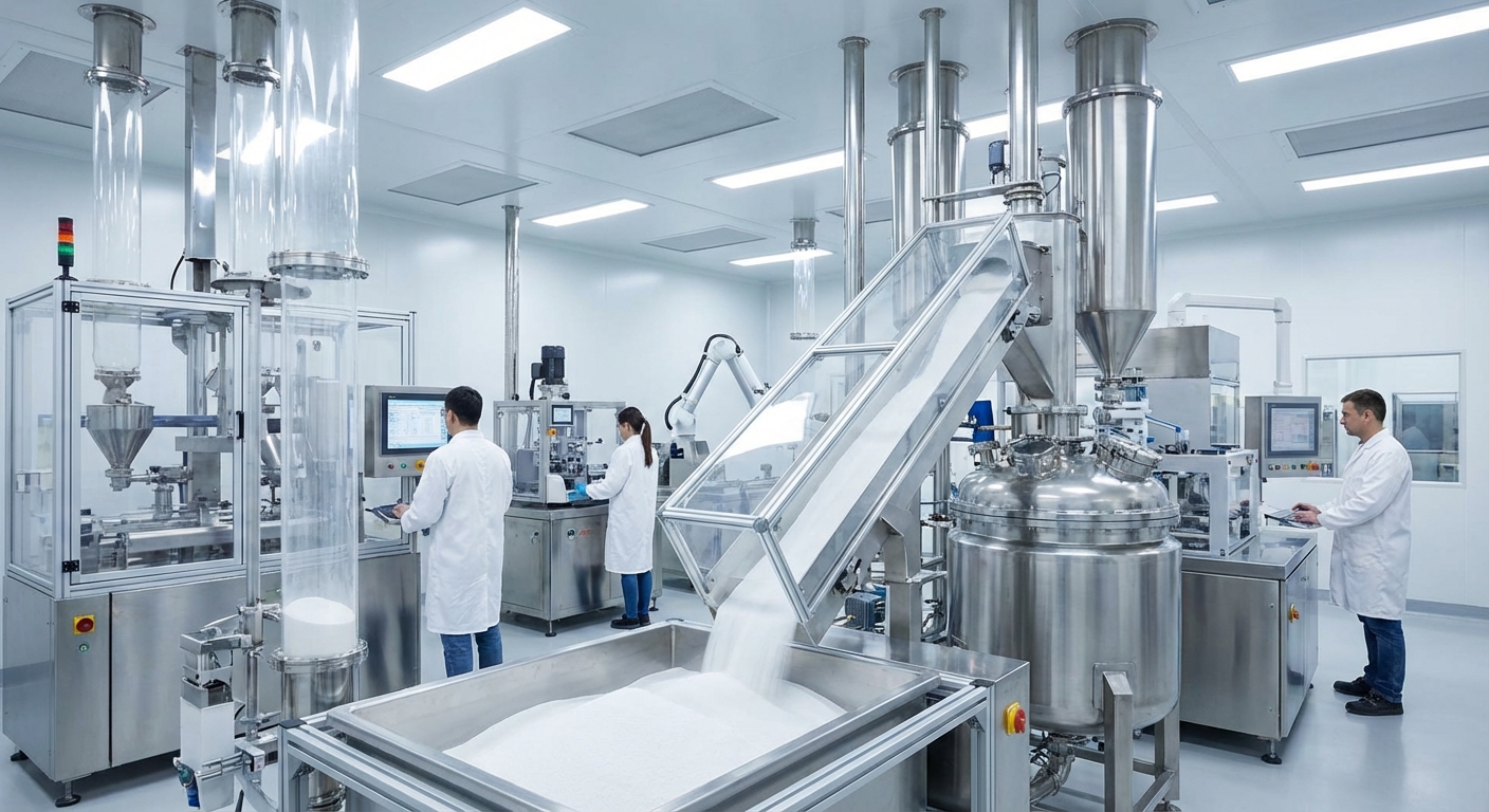 Photorealistic interior view of a modern glass manufacturing facility focusing on the high-purity refining and melting process