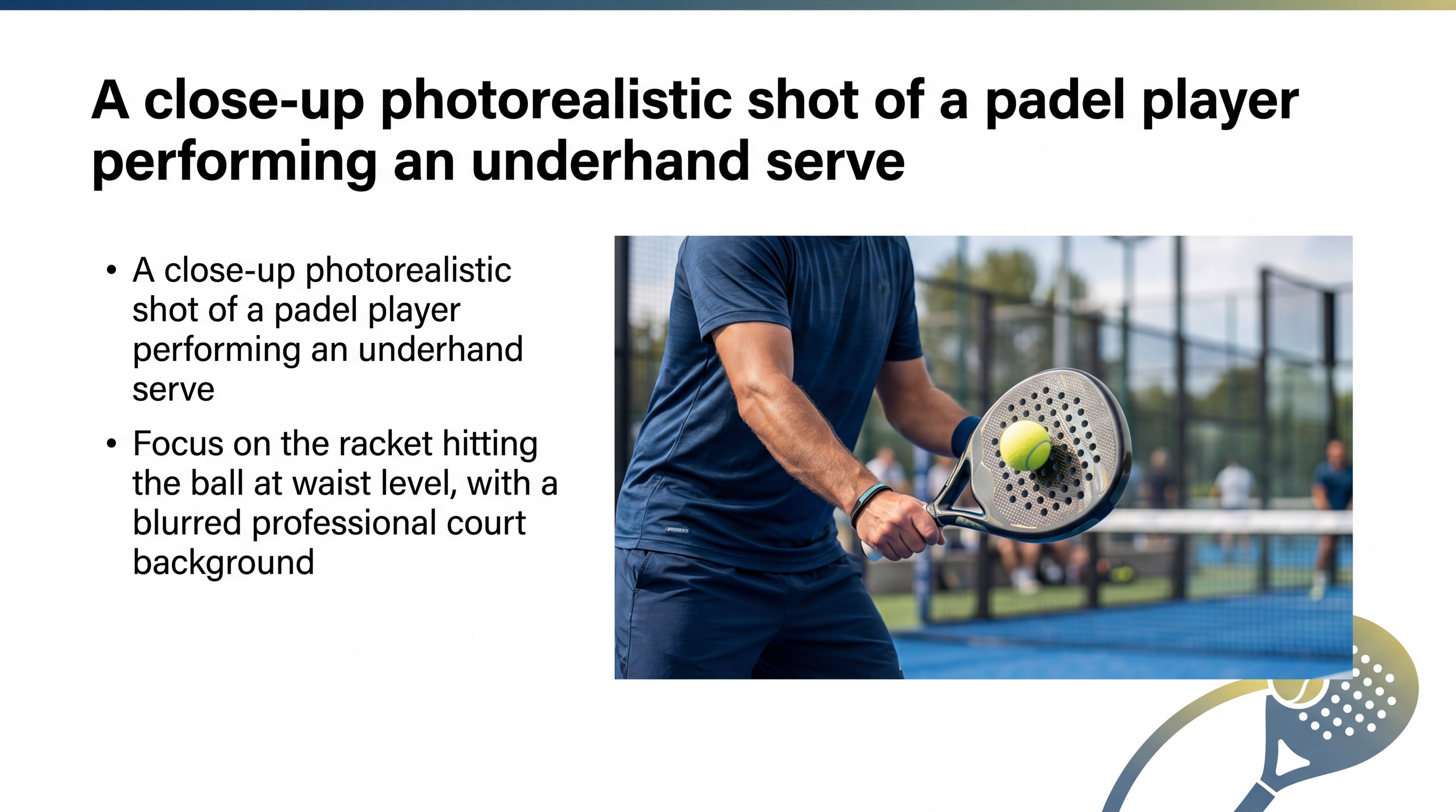 A close-up photorealistic shot of a padel player performing an underhand serve
