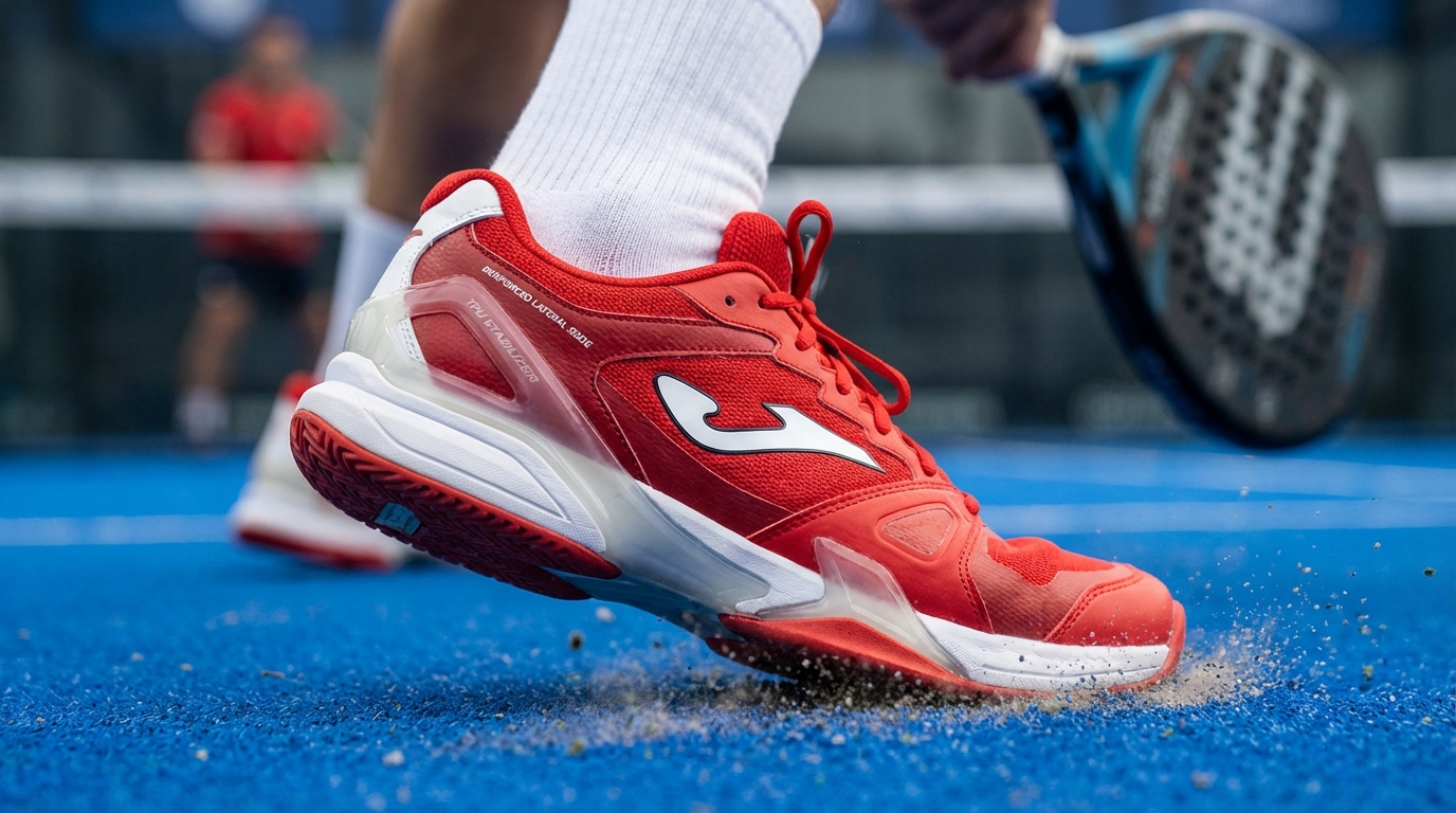 Action shot of a professional padel player’s foot mid-lunge on a blue turf court, showing the lateral side of the shoe flexing.