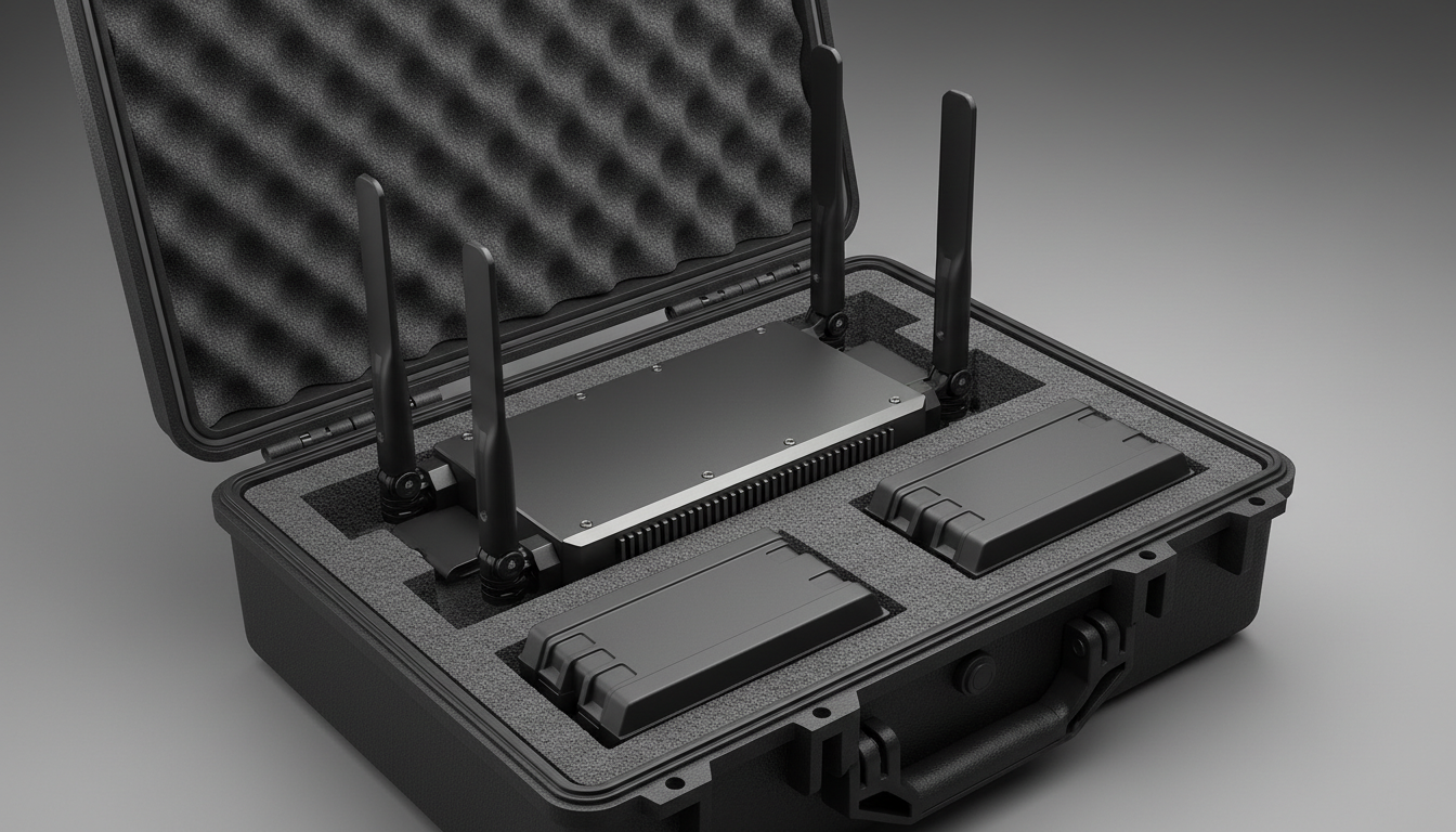 Professional portable anti-drone unit shown in its protective ruggedized transport case.