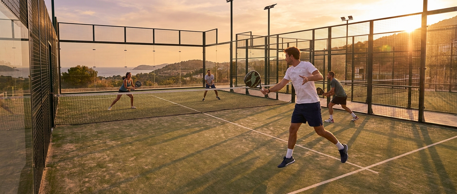 Four players in a dynamic rally on a panoramic padel court