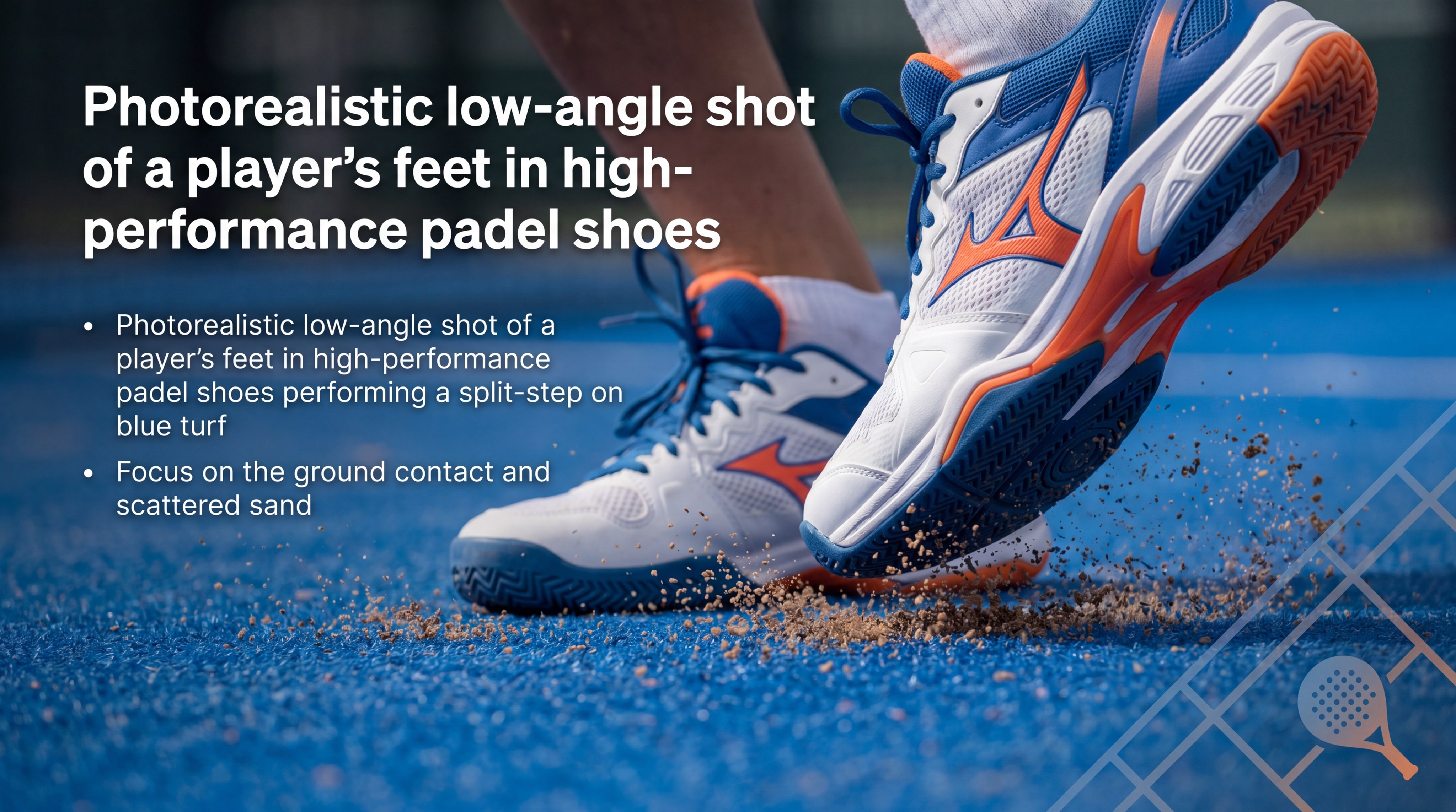 Player's feet performing a split-step on blue turf