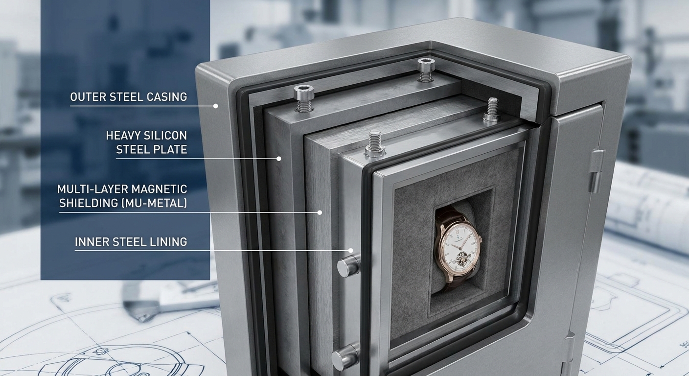 Watch safe door cross section showing heavy magnetic shielding and steel lining