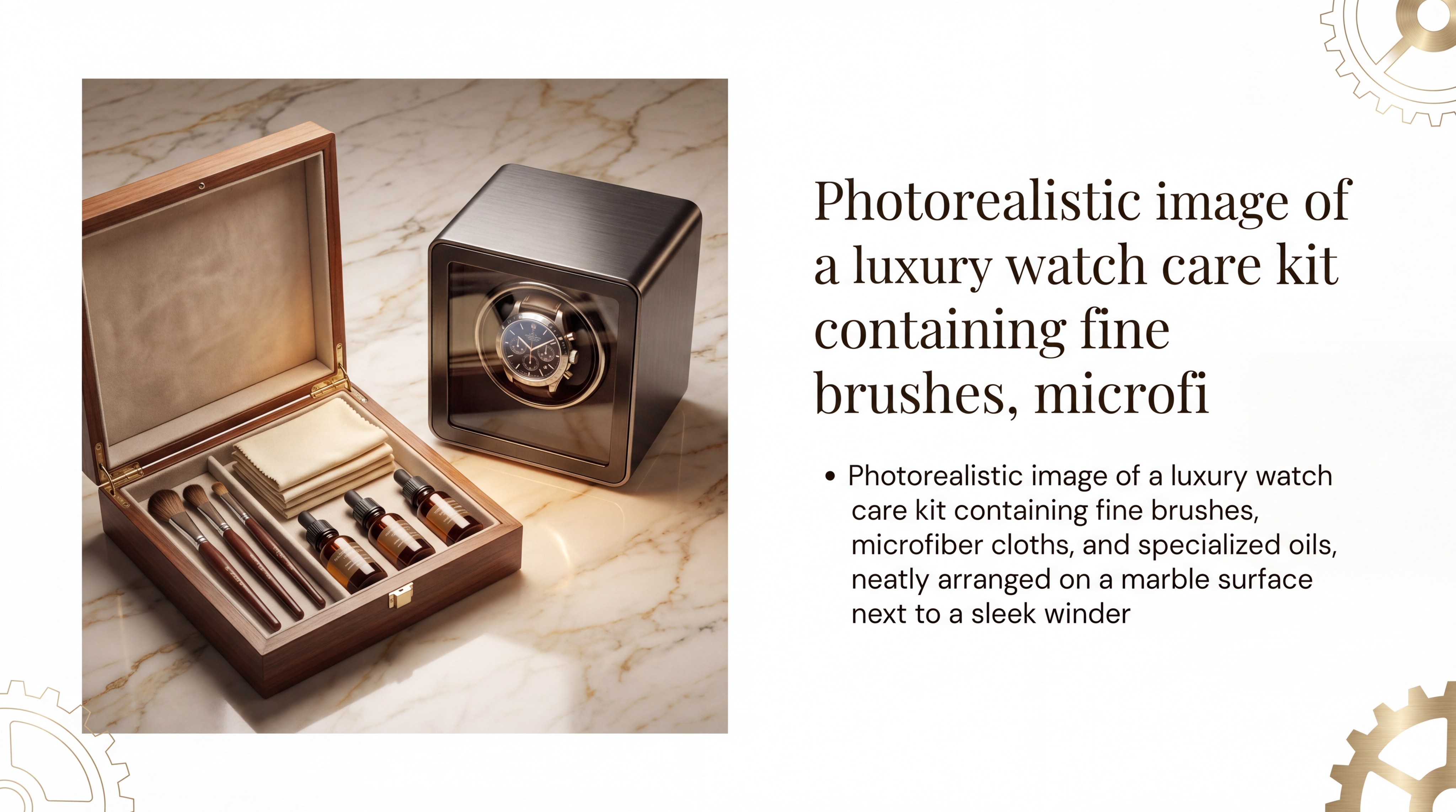 A photorealistic image of a luxury watch care kit—brushes, cloths, and oils—neatly arranged on a marble surface