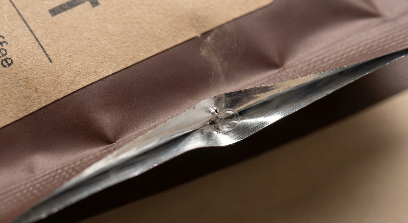 Coffee bag water immersion test pinpointing poor sealing causes in the gusset area.