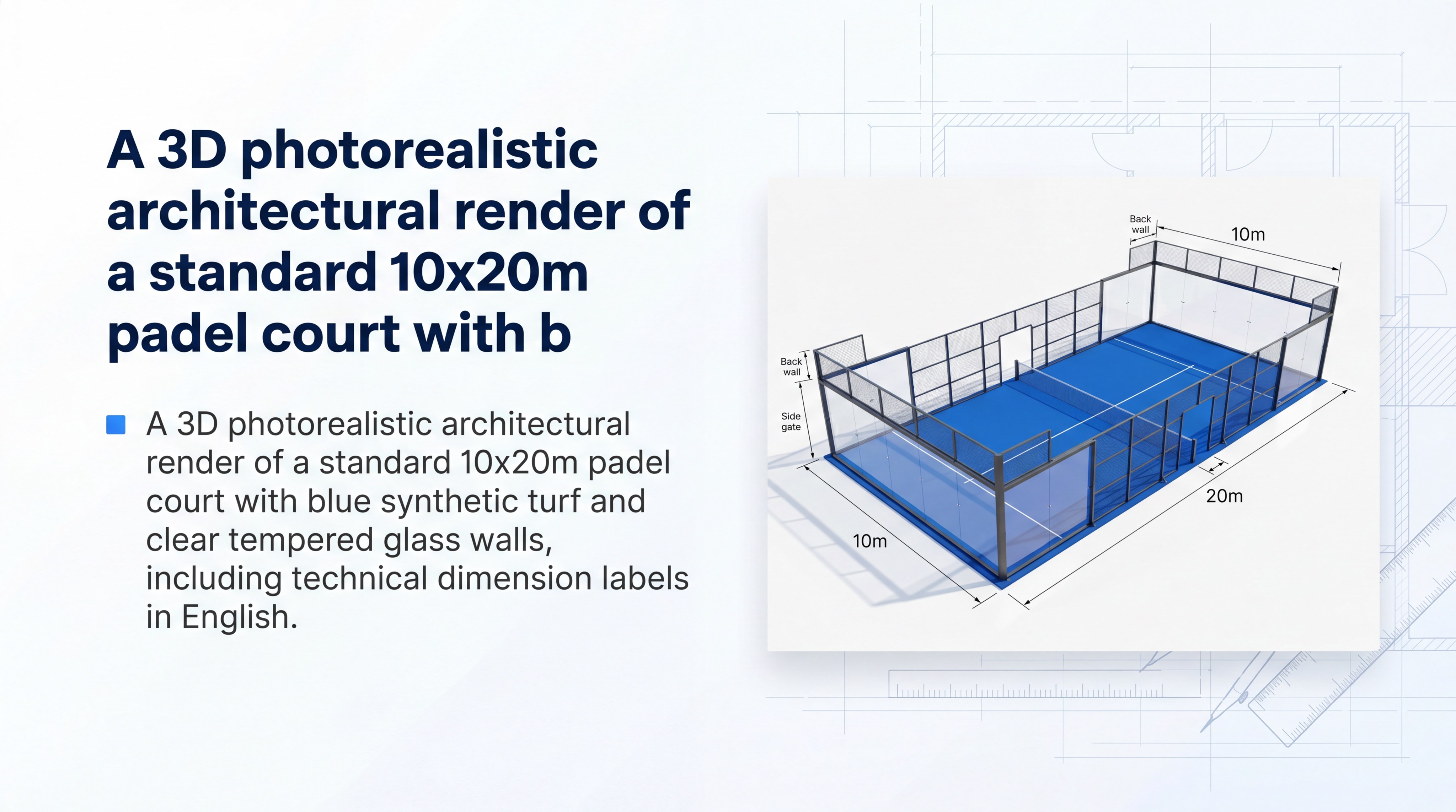 A 3D photorealistic architectural render of a standard 10x20m padel court with blue synthetic turf and clear tempered glass walls