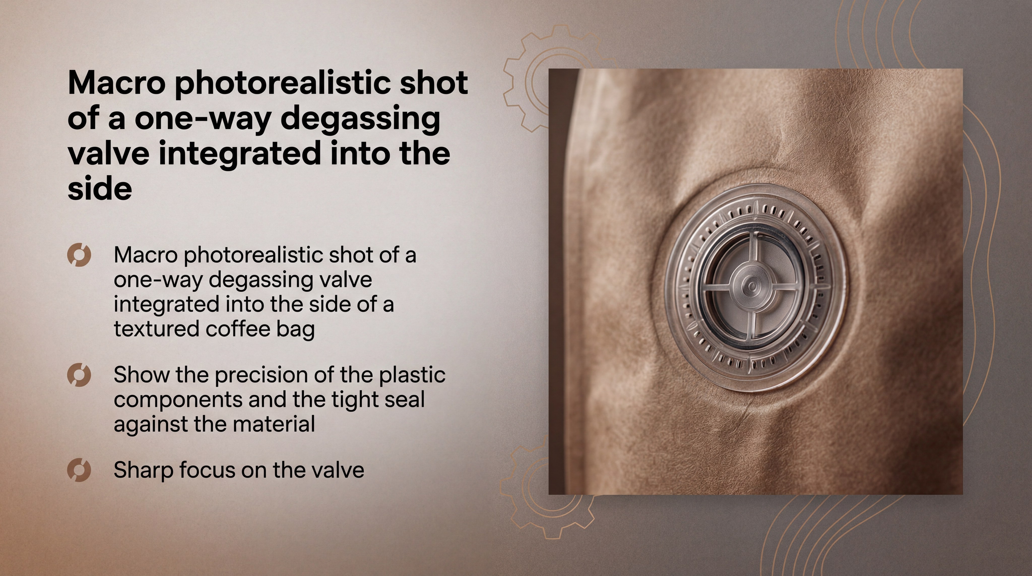 Macro photorealistic shot of a one-way degassing valve integrated into the side of a textured coffee bag