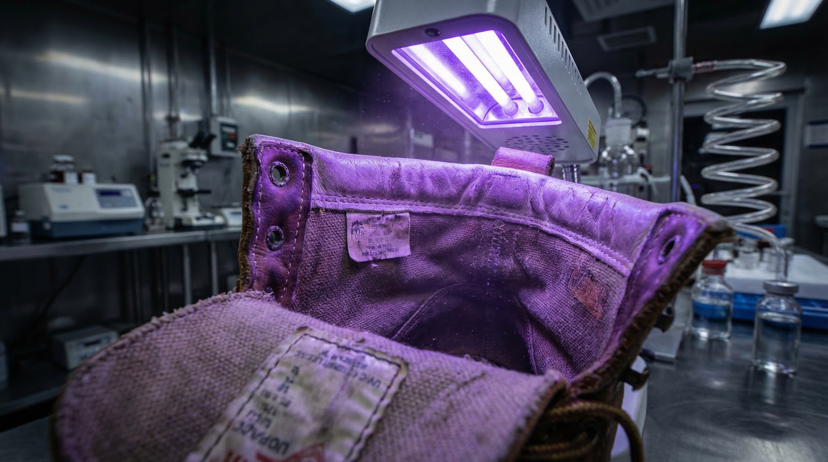 Vintage boot undergoing UV-C sterilization for pathogen removal