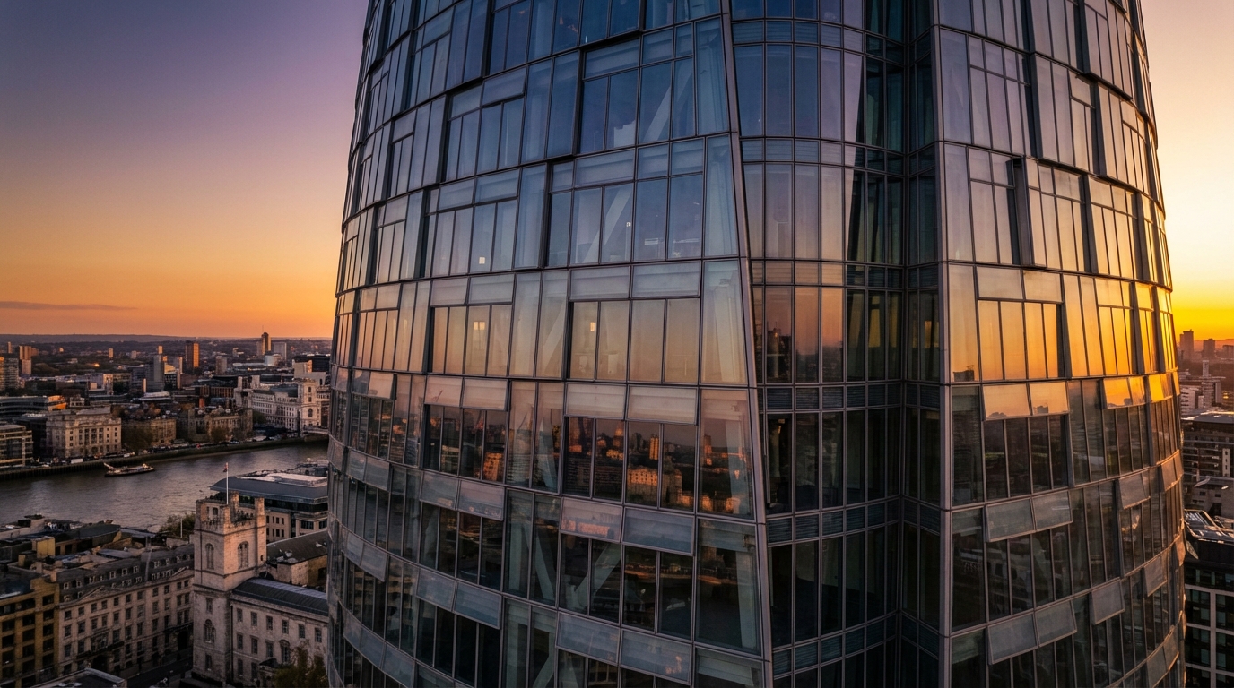 modern glass skyscraper sunset
