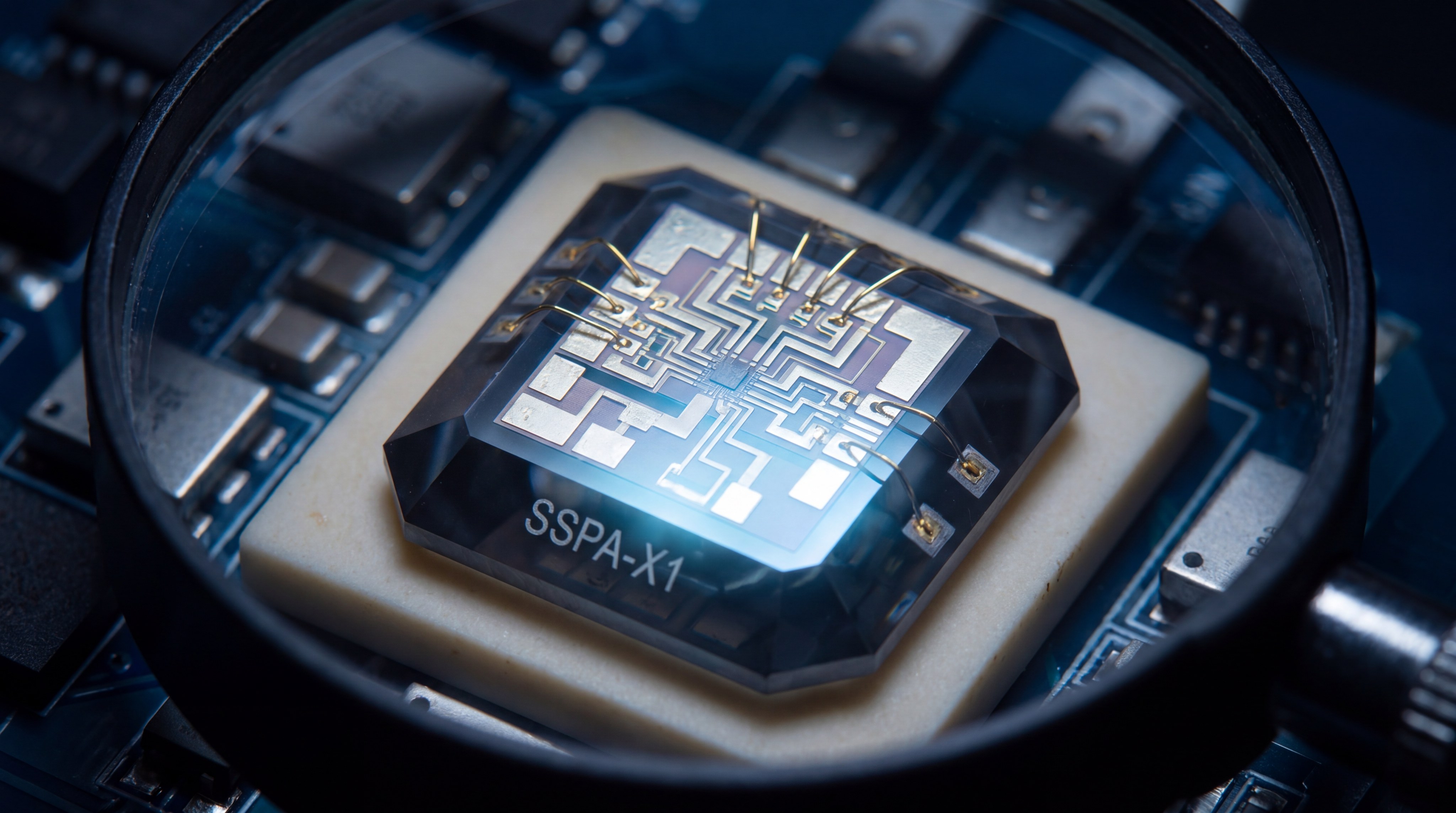 Futuristic rendering of a miniaturized high-power SSPA chip