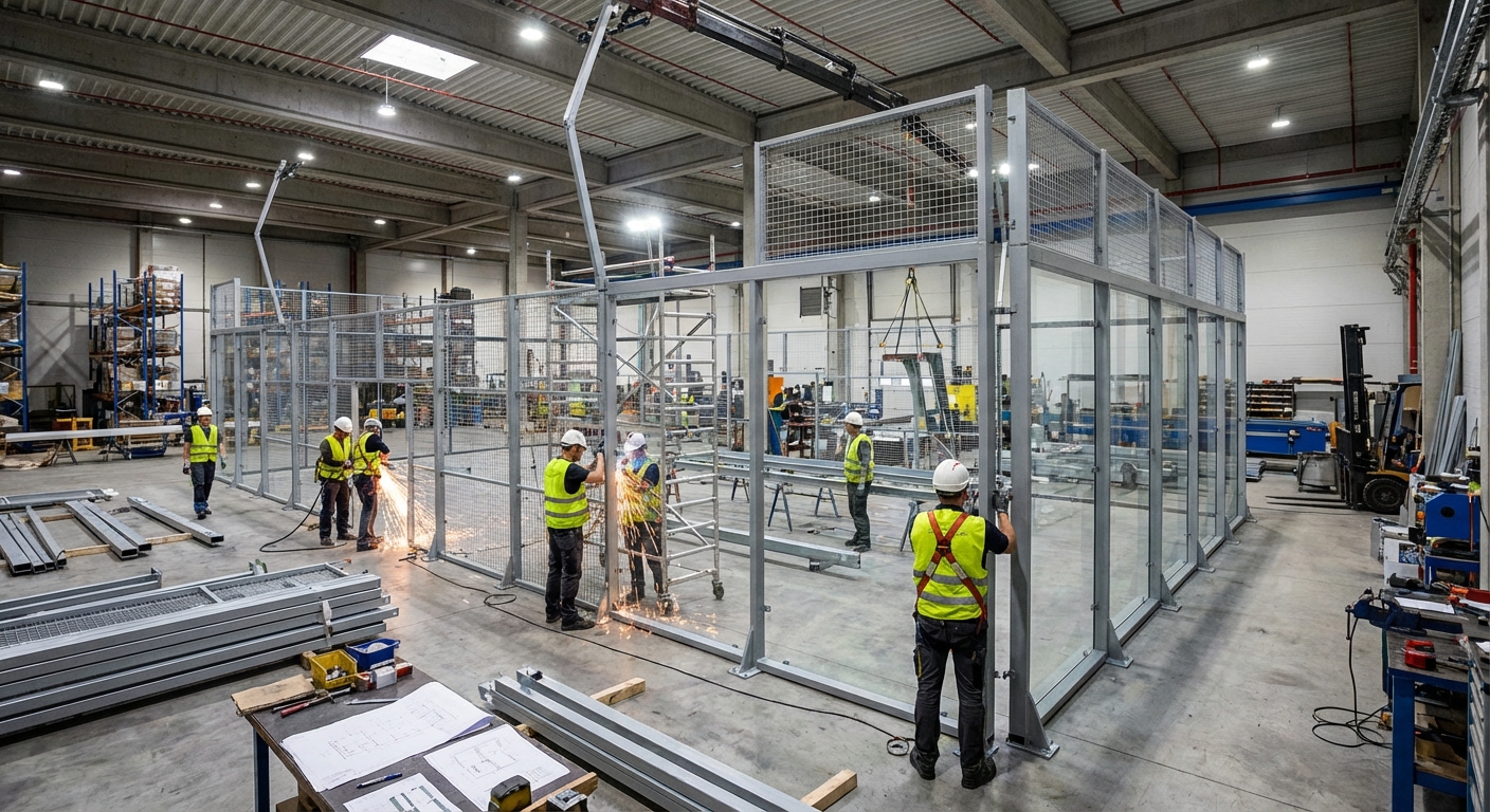 Padel court assembly in a warehouse
