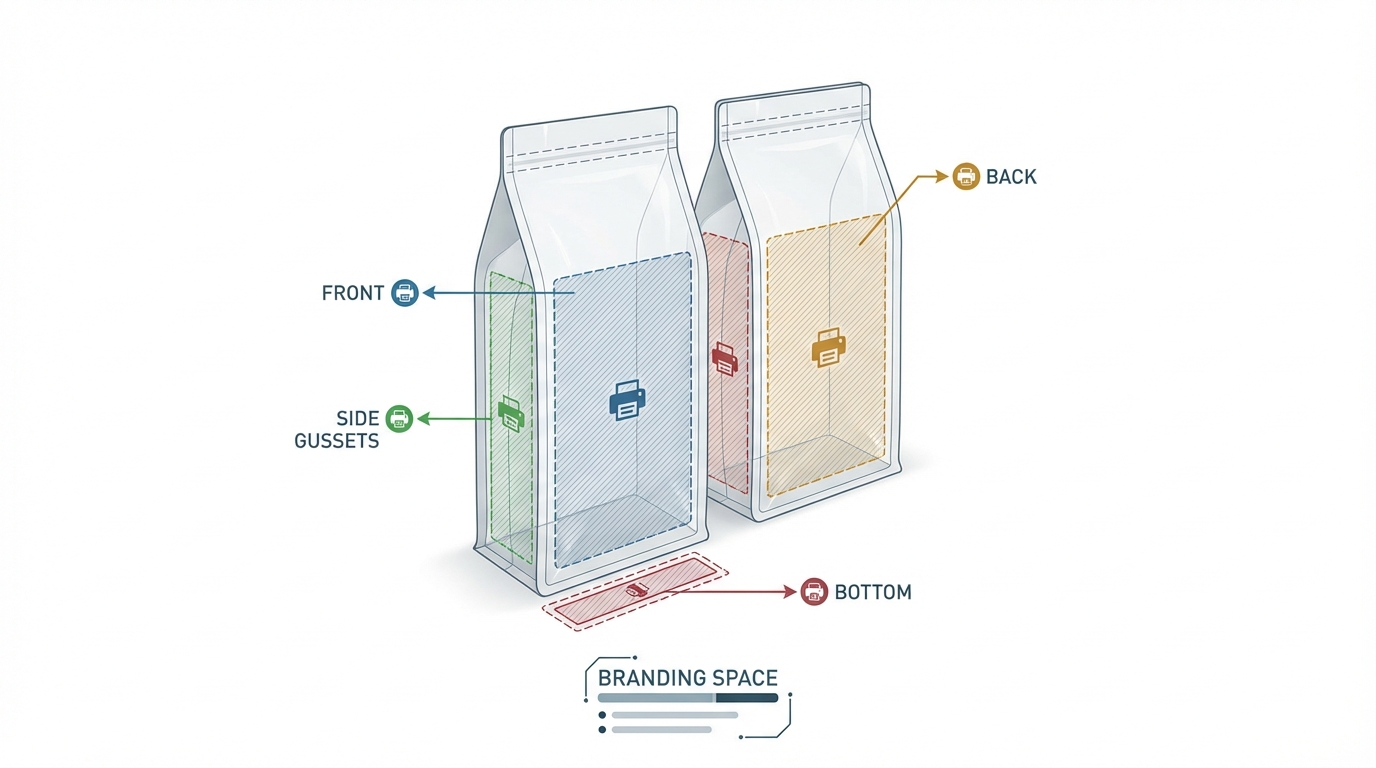 3D Coffee Bag Anatomy showing the five printable panels and internal structure of a box pouch.