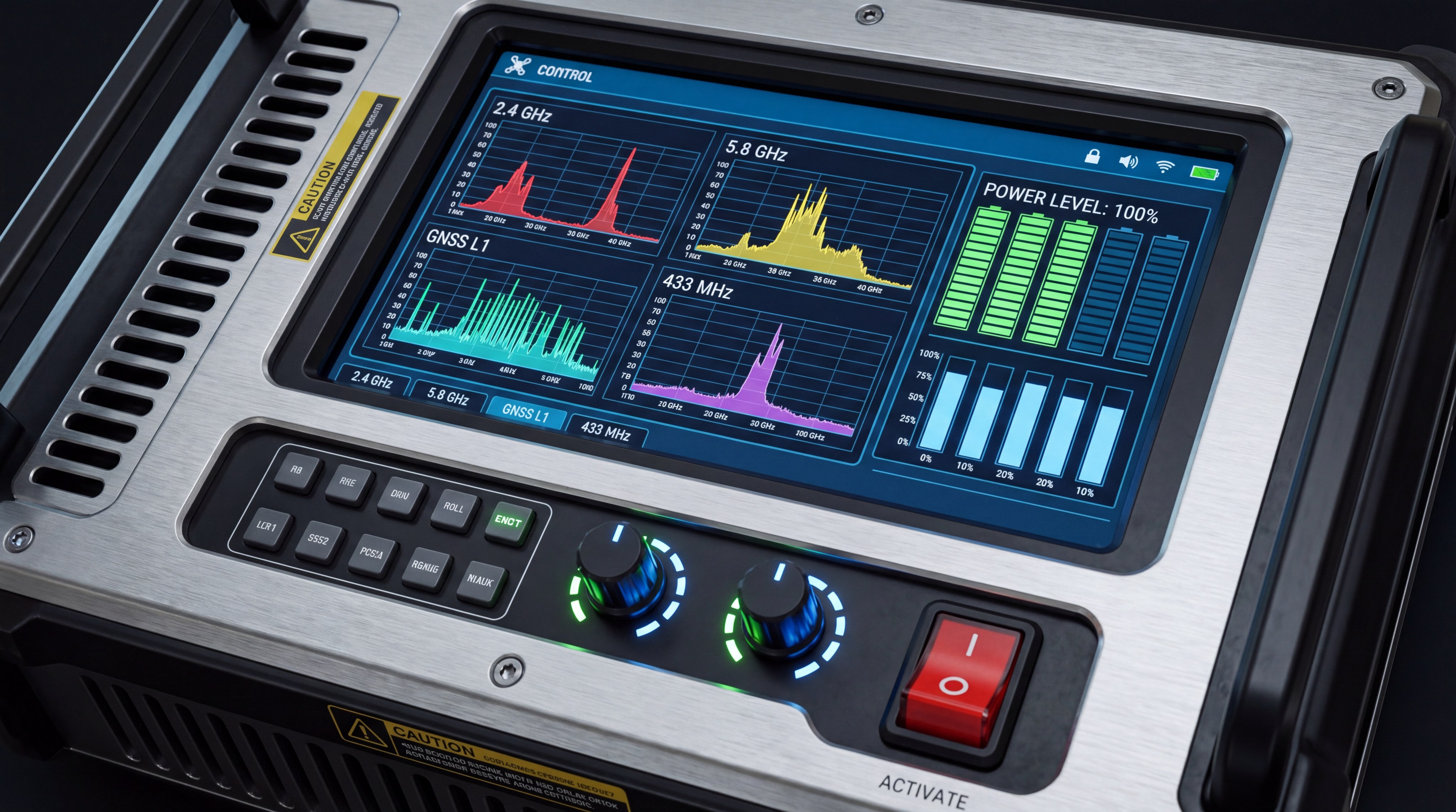 Detailed technical interface of an industrial jammer showing active frequency monitoring and power levels.