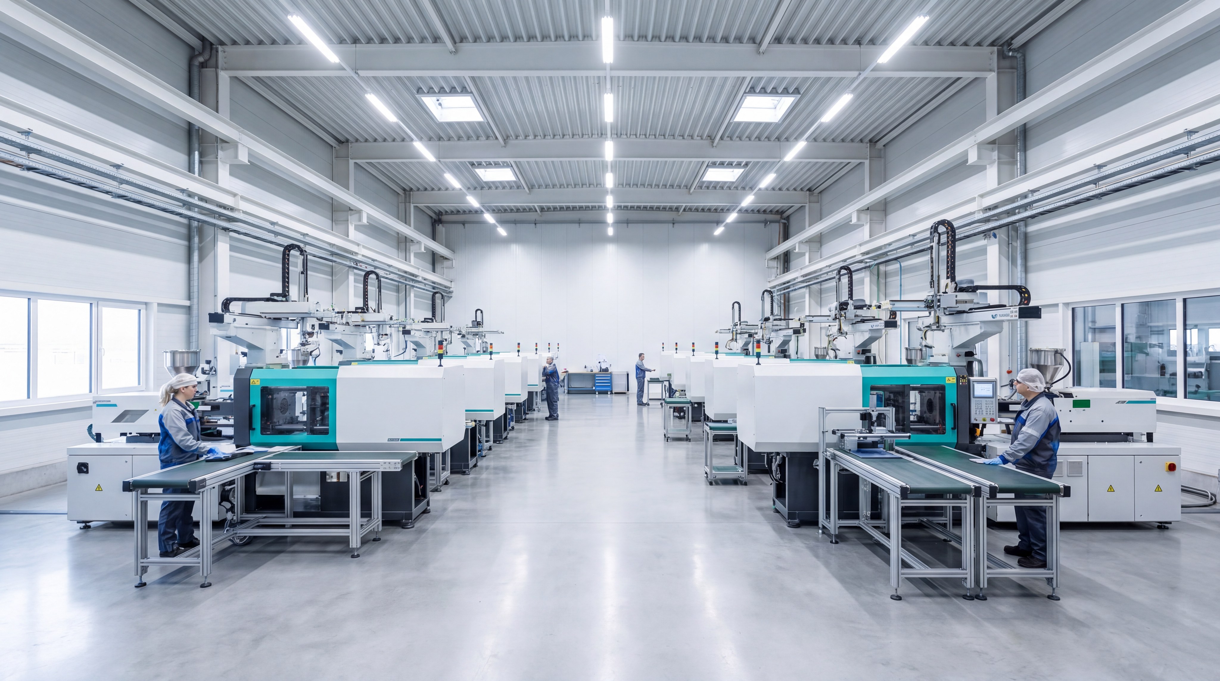 Modern injection molding factory with rows of automated machines