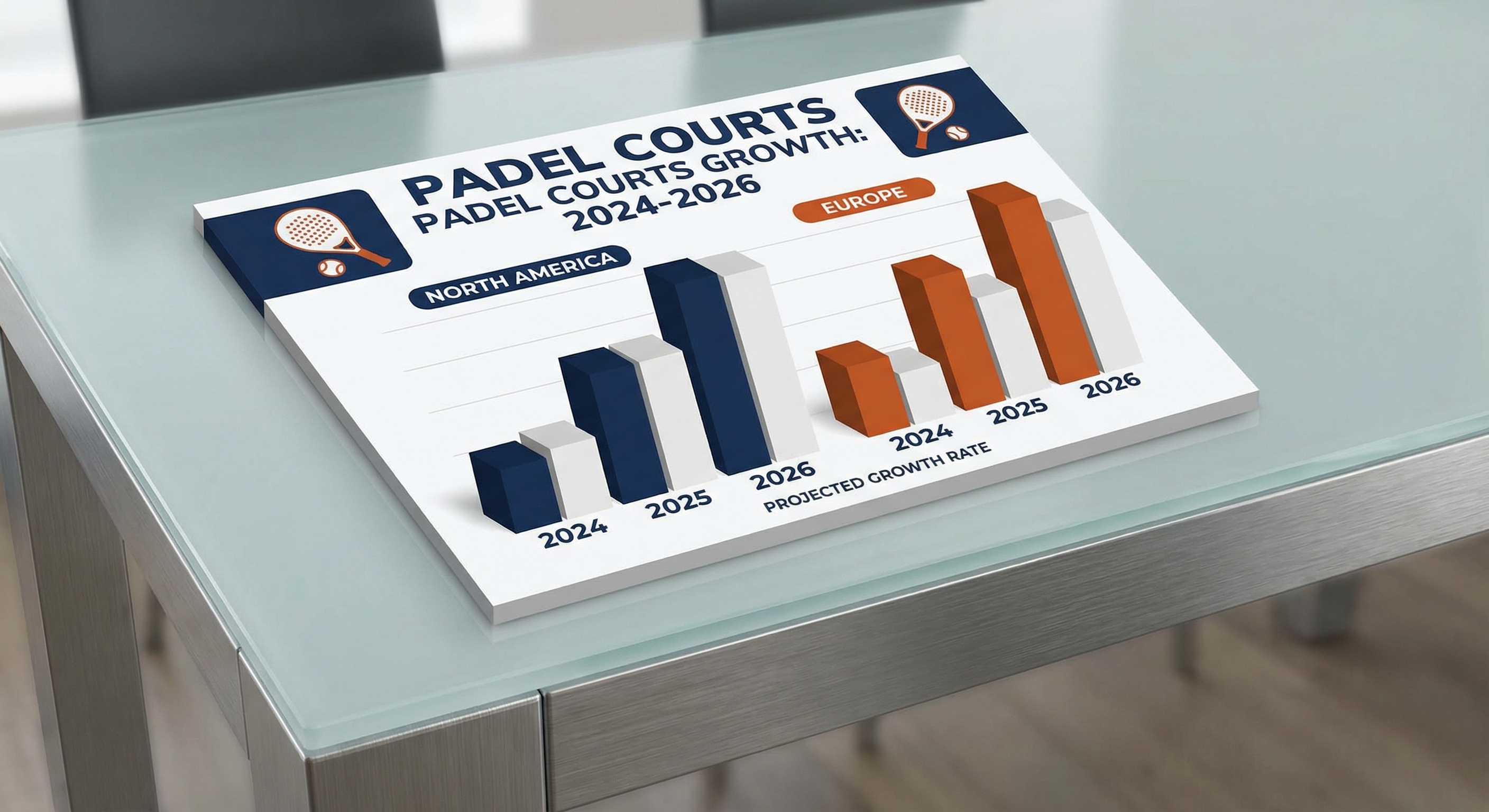 3D infographic showing a 2024-2026 growth chart of padel courts