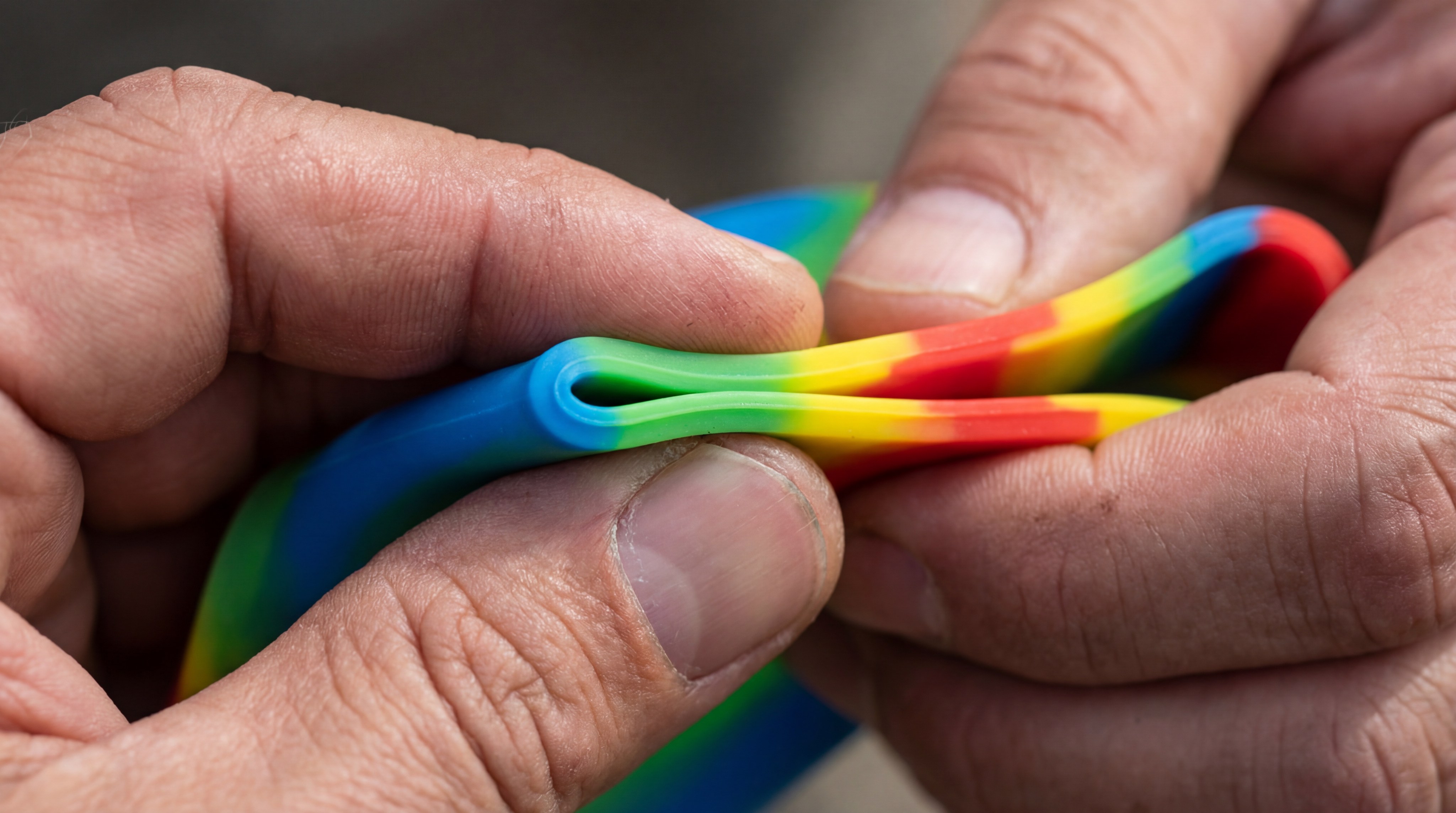 Alt Text: A person’s hands holding a flexible silicone protective sleeve, performing the "pinch test" by twisting the material