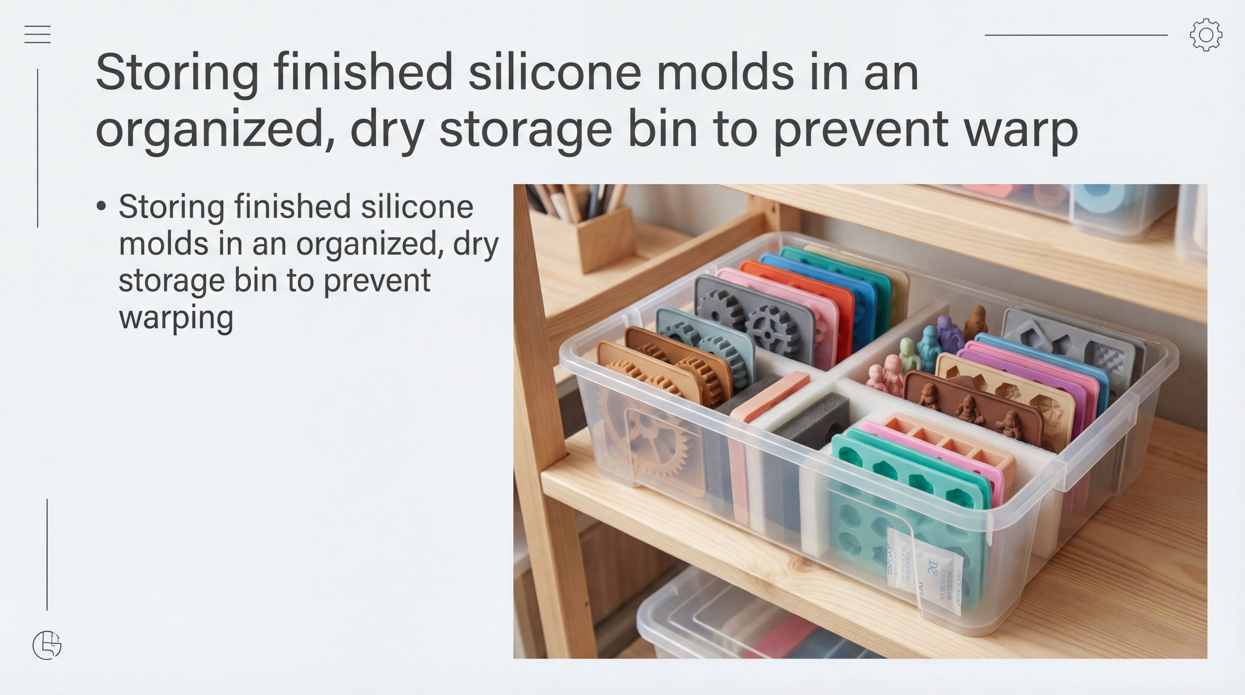 Storing finished silicone molds in an organized dry storage bin