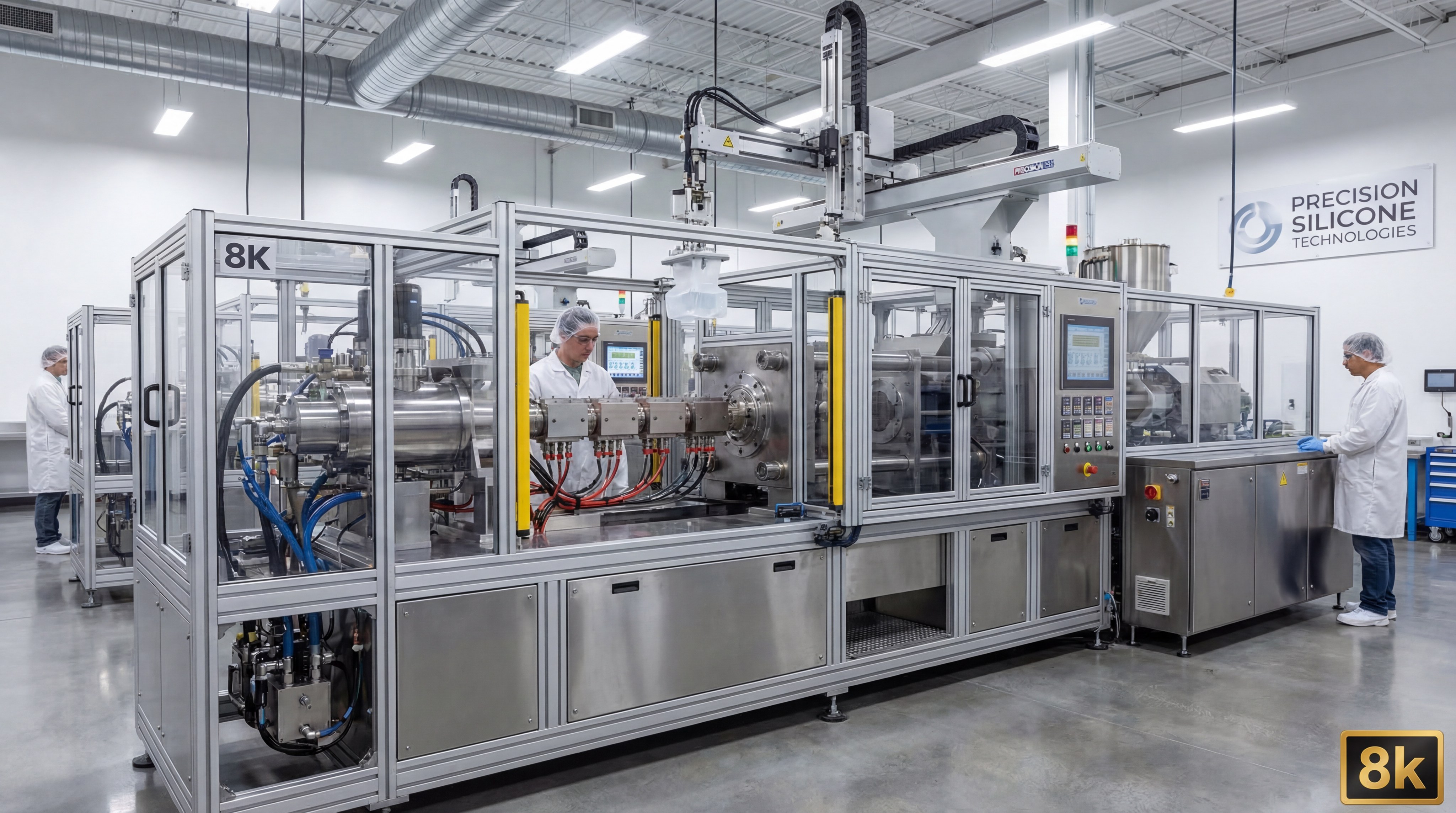 A sophisticated, fully automated LSR injection molding machine in a clean industrial facility, featuring complex piping and digital control panels.
