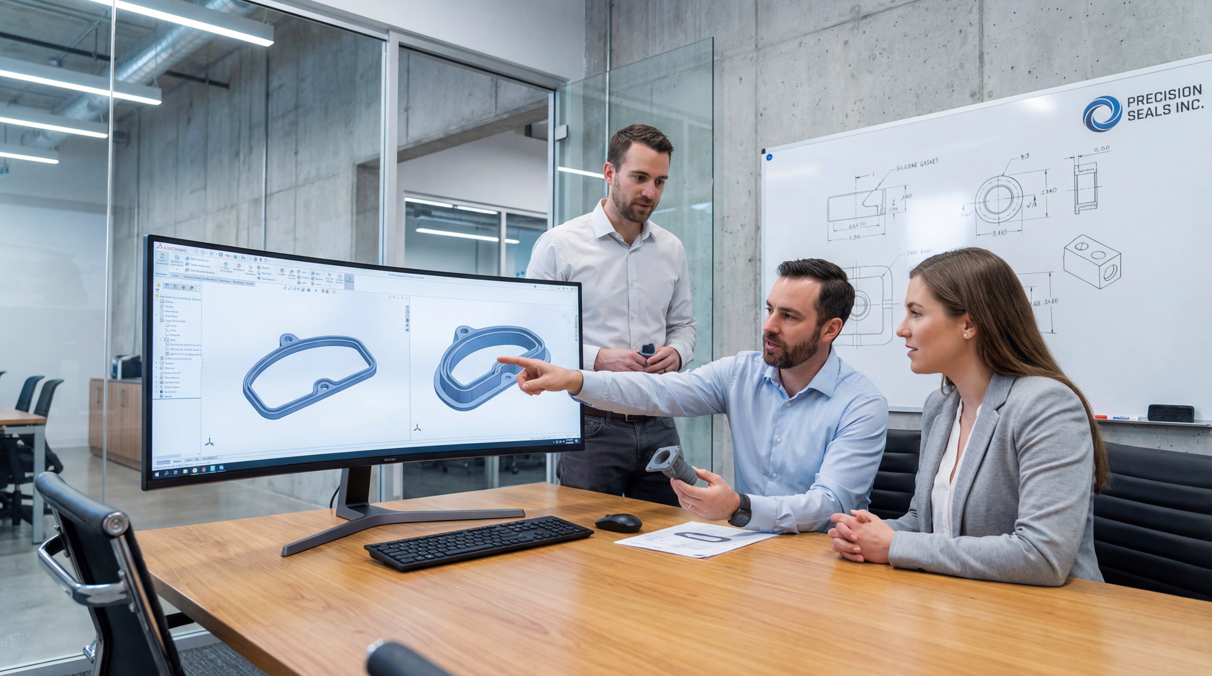 A team of engineers in an office discussing 3D CAD designs for custom silicone gaskets on a large monitor.