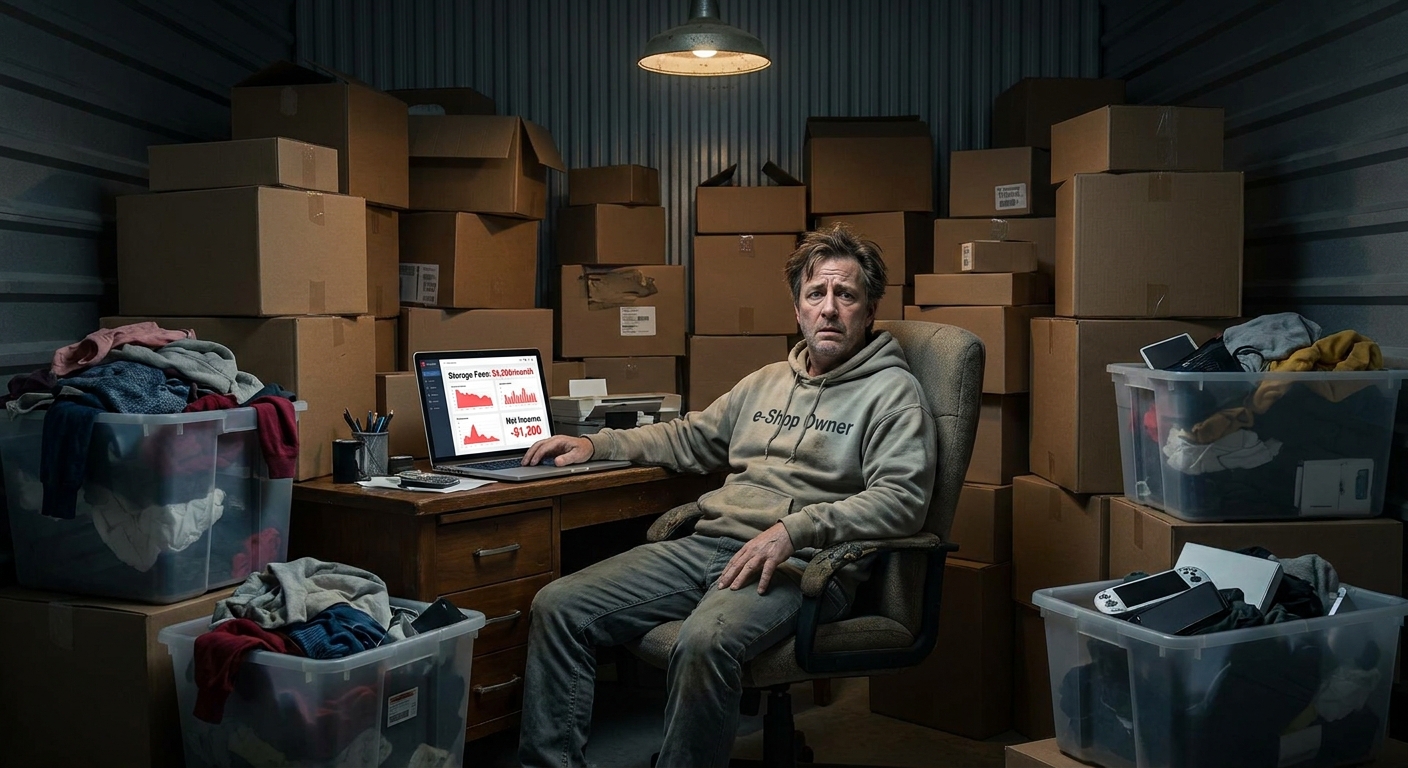 Stressed Online Store Owner with Excess Inventory and High Storage Costs
