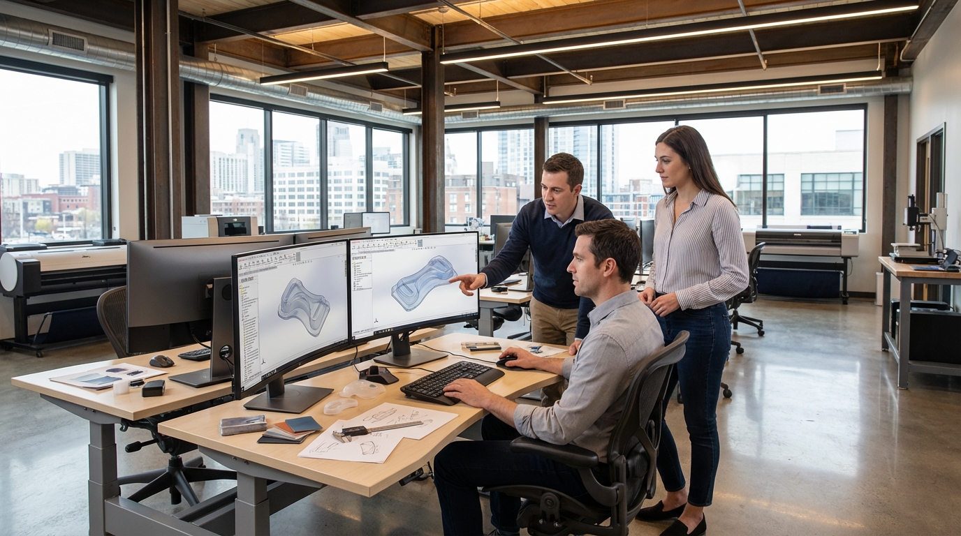 Expert engineers collaborating on a complex CAD design for custom silicone products in a modern industrial office