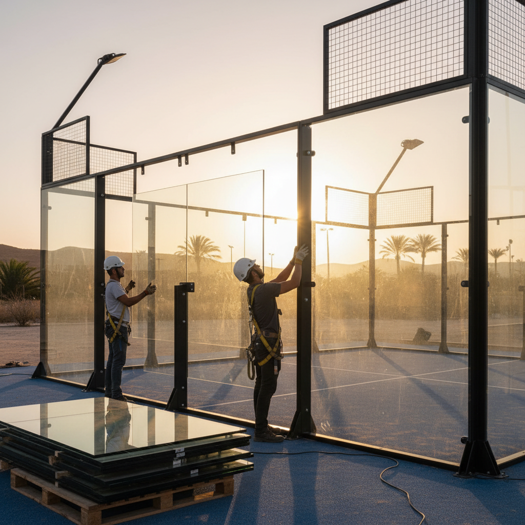 Workers installing a 12mm tempered safety glass panel into a galvanized steel padel frame using industrial suction cups.
