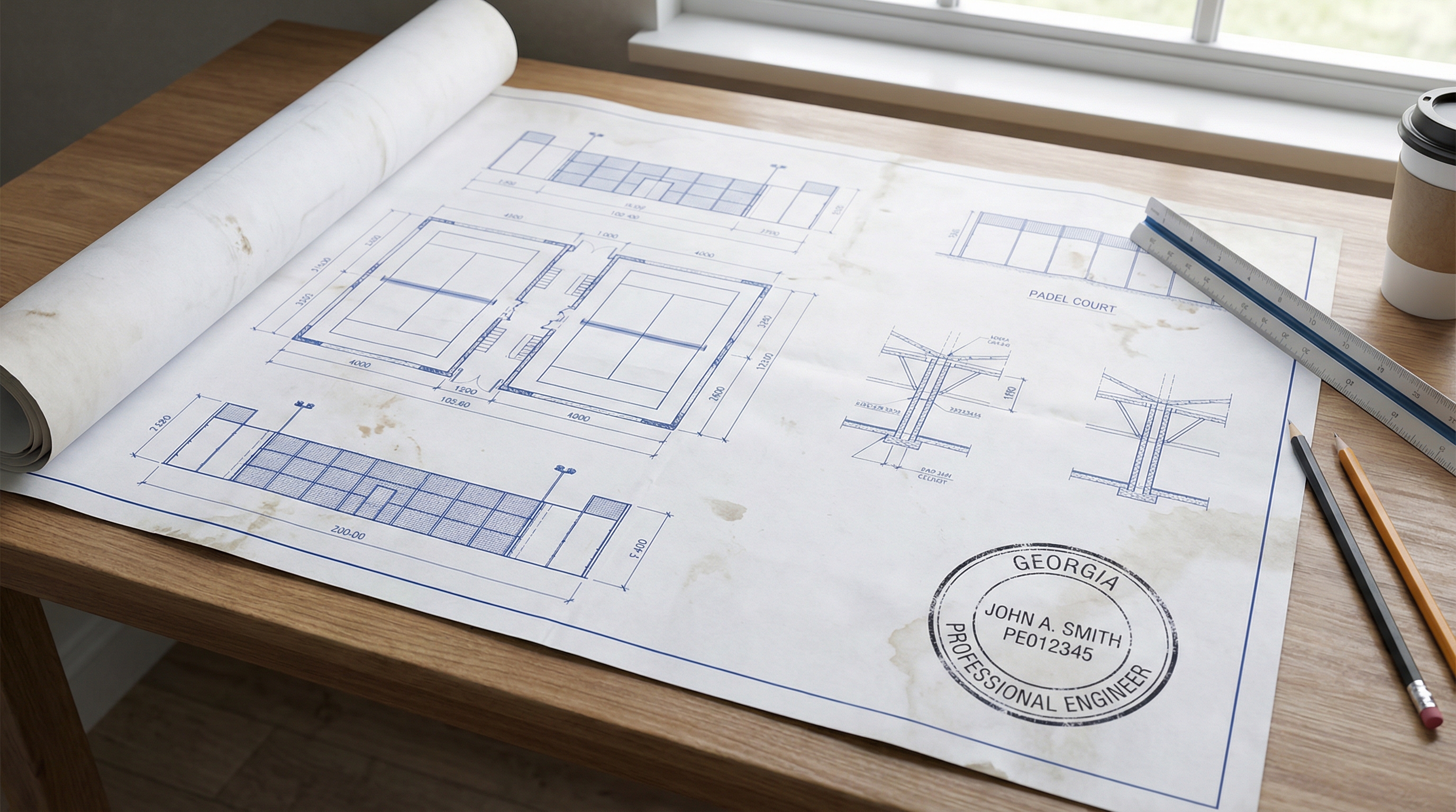 A photorealistic image of a set of architectural blueprints for a padel court with a Georgia professional engineer's stamp clearly visible.