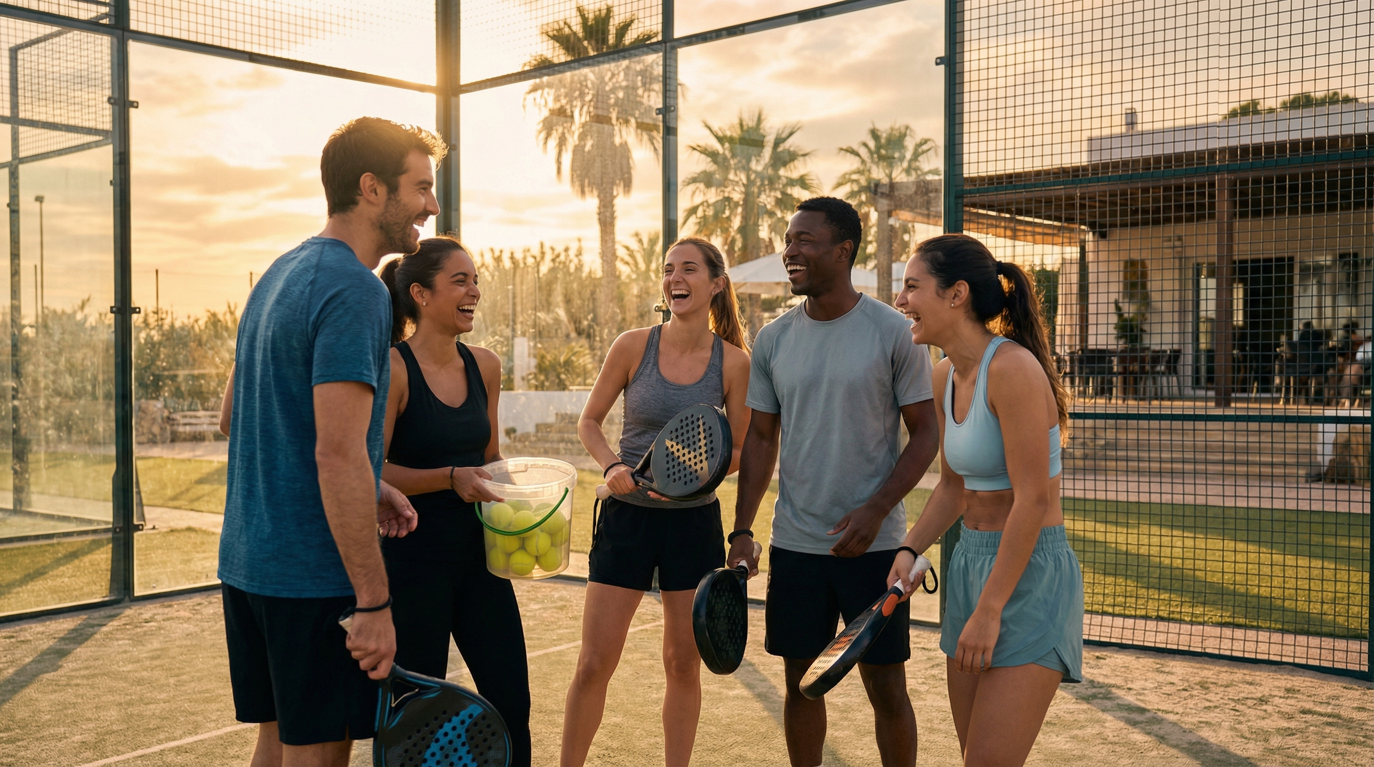 friends laughing on a padel court during golden hour