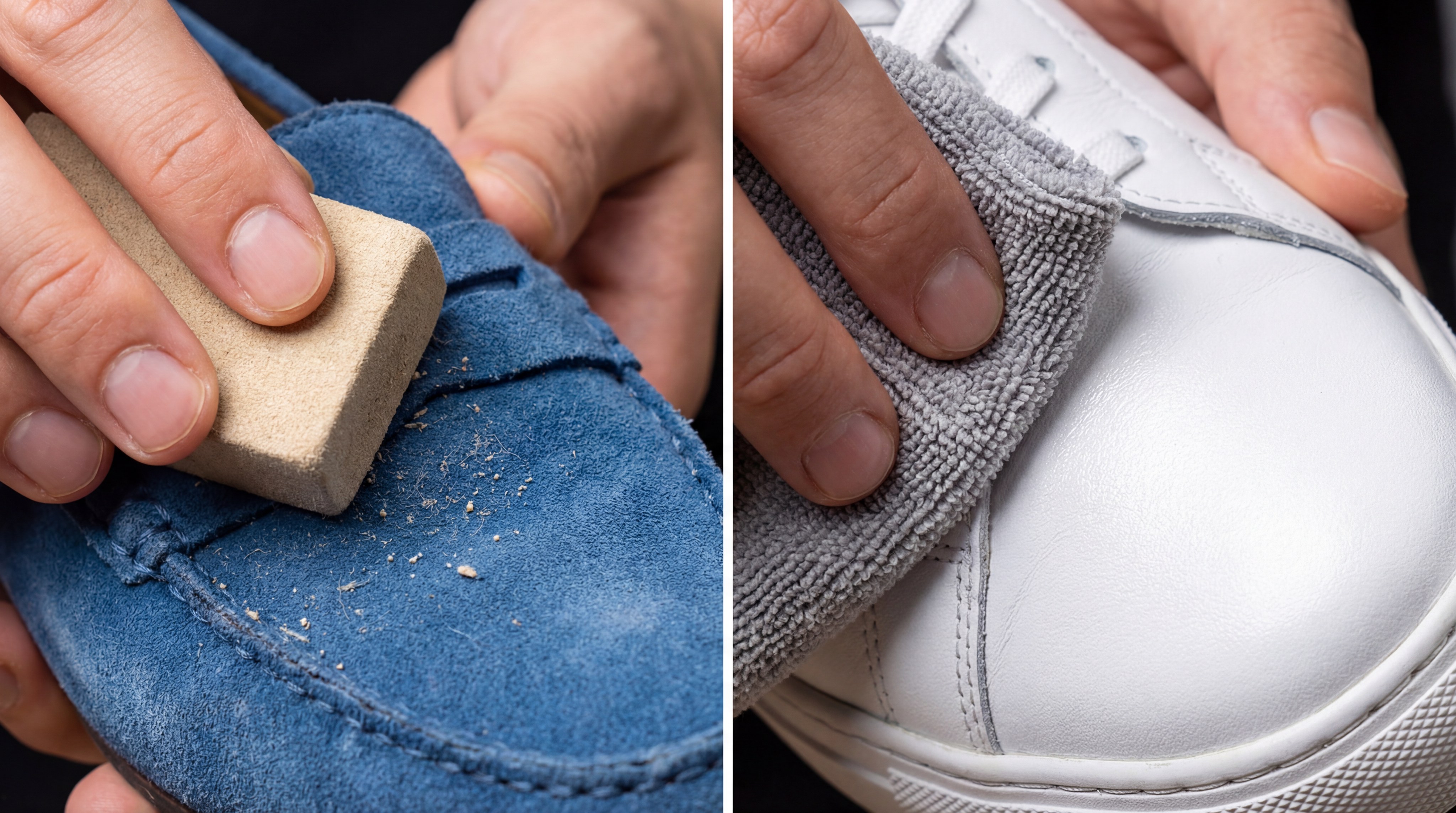 Alt Text: material specific shoe cleaning guide showing suede eraser and leather wiping