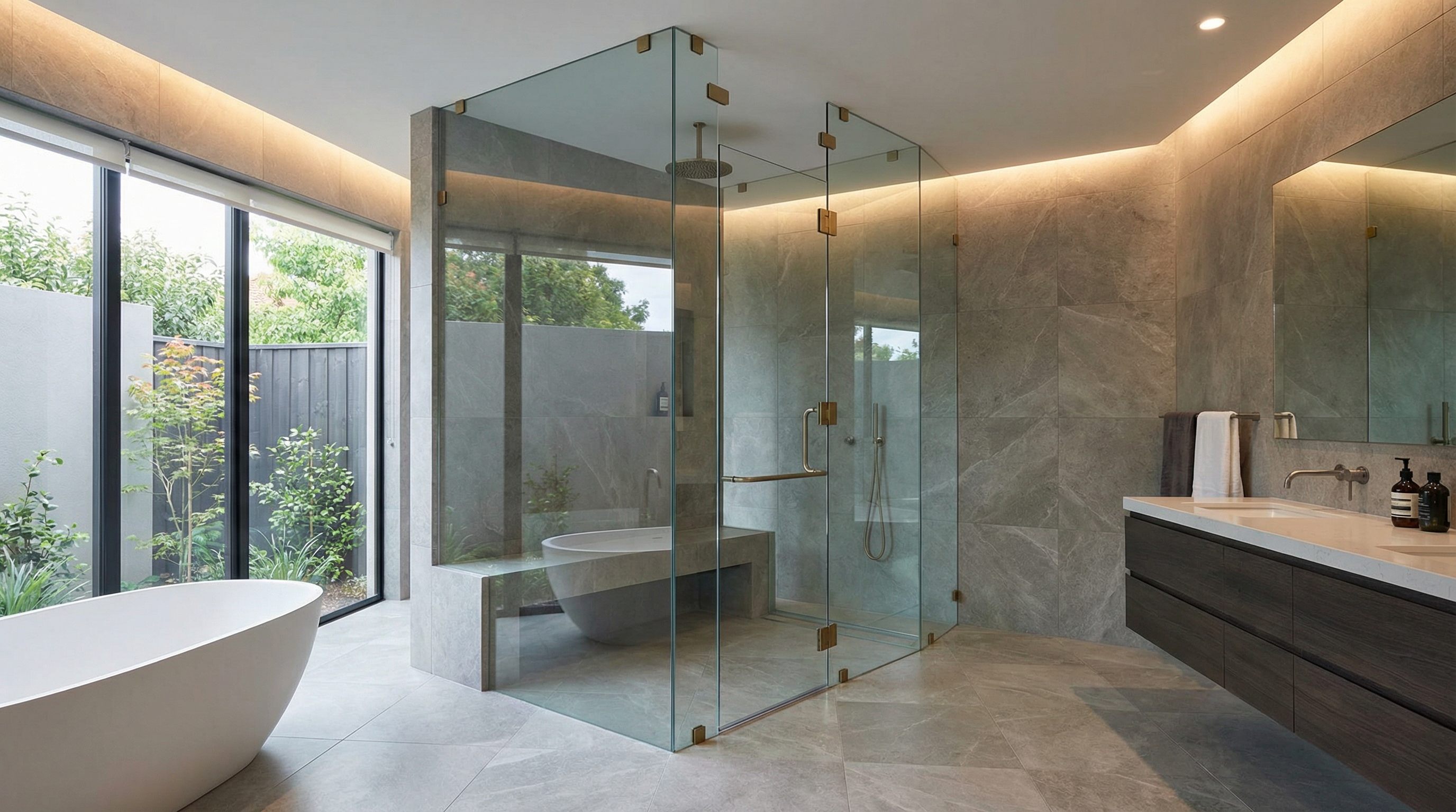 Luxury bathroom with tempered glass shower enclosure