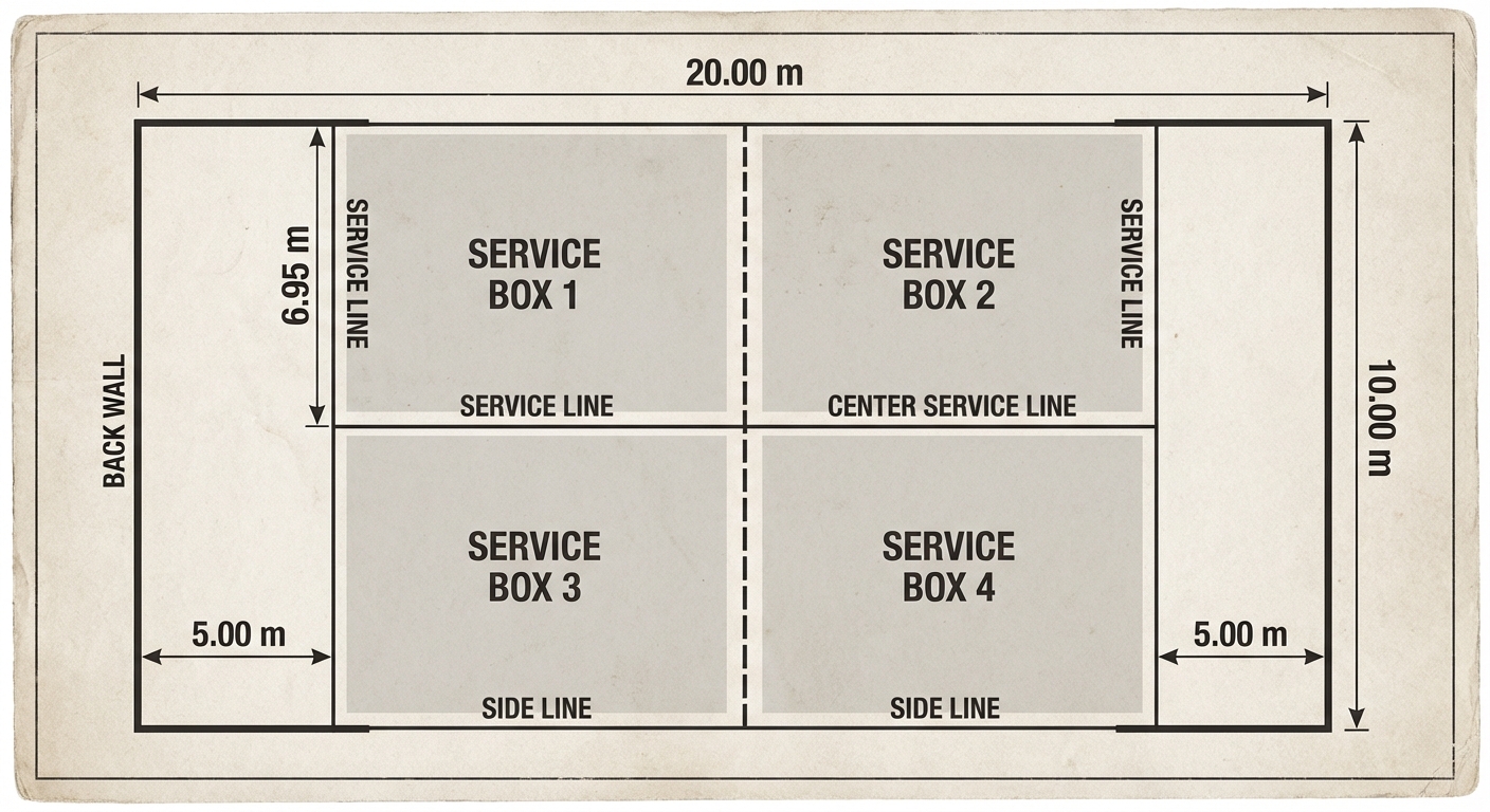 A detailed technical chart showing the birds-eye view of a padel court with labels for all lines, dimensions in meters, and service box zones.