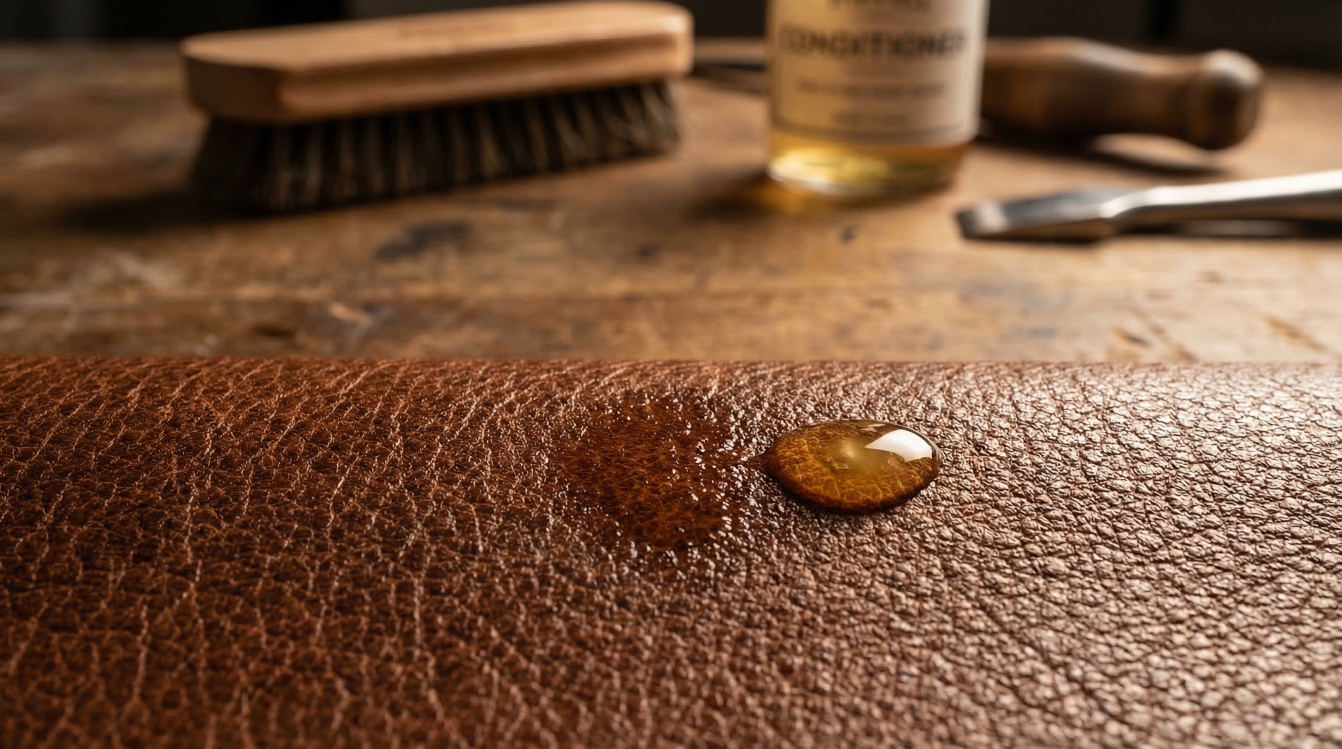 Macro shot of professional leather conditioning and lipid replenishment