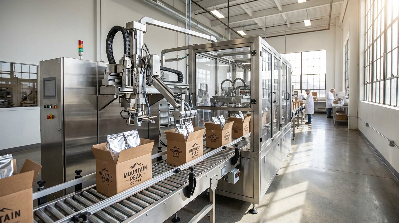A professional view of a coffee packaging facility showing the seamless integration of an automatic cartoning machine at the end of a production line.