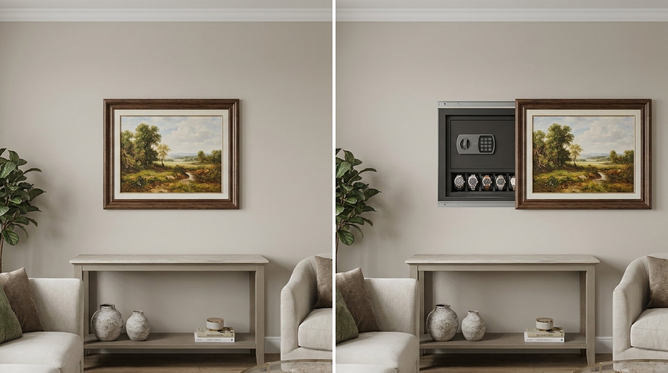Wall watch safe cleverly concealed behind a sliding framed painting in a living room