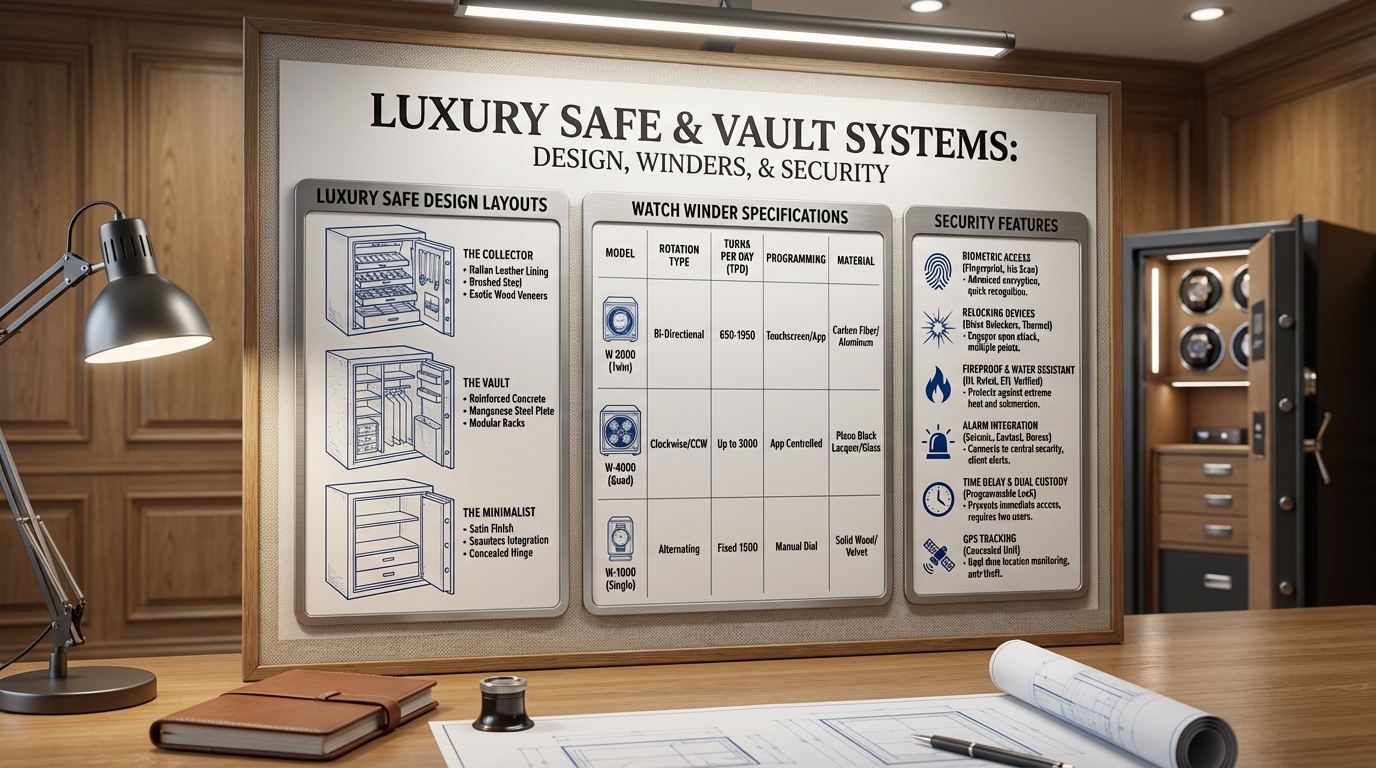 An infographic chart showing luxury safe design layouts and winder specs