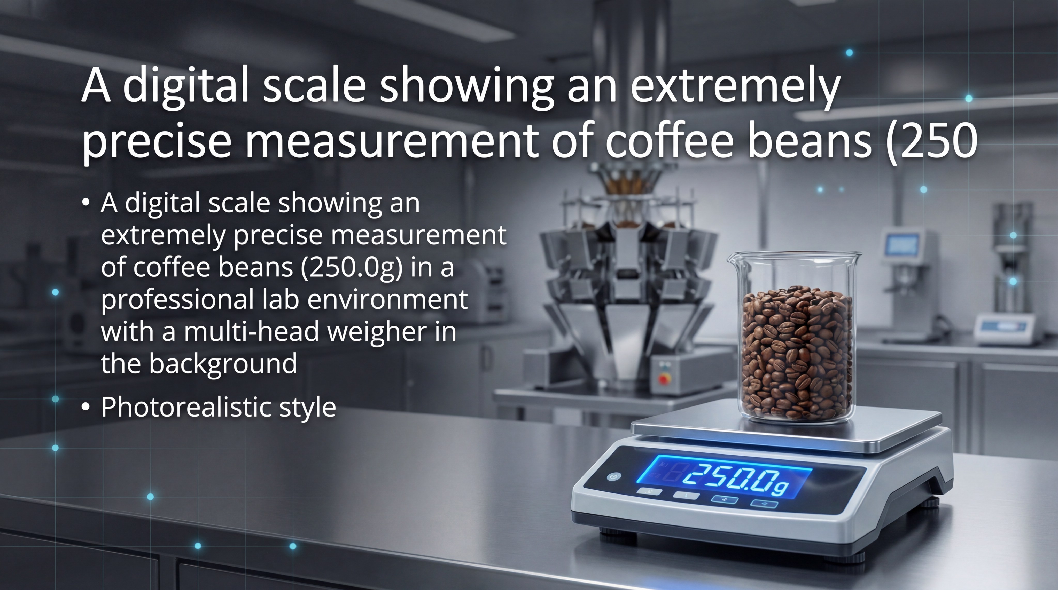 A digital scale showing an extremely precise measurement of coffee beans (250.0g) in a professional lab environment
