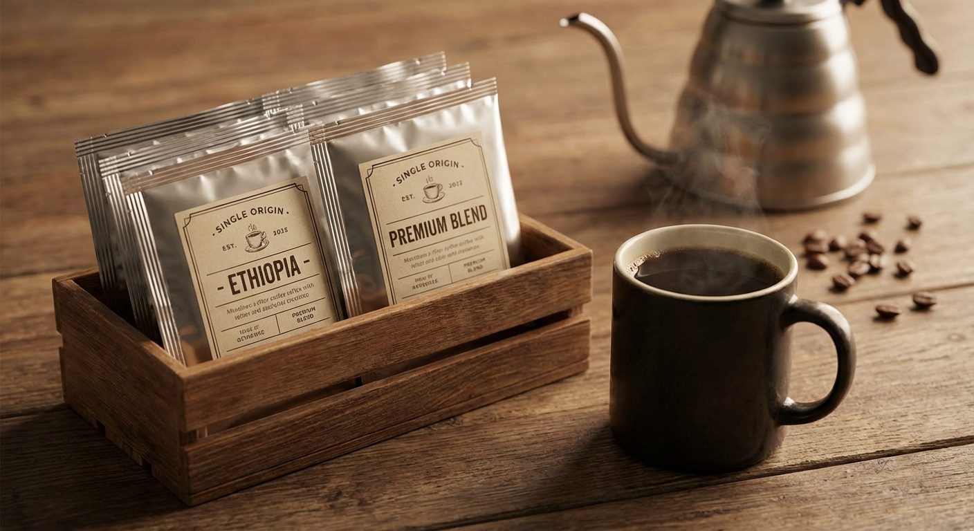 An overhead shot of a pallet loaded with neatly packed, high-end drip coffee boxes ready for international shipping.