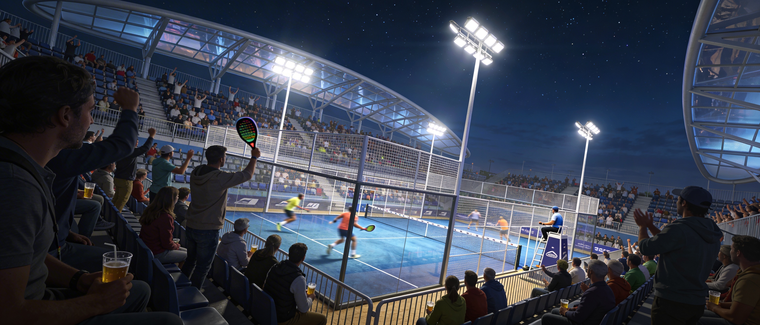 Night padel stadium match with professional lighting