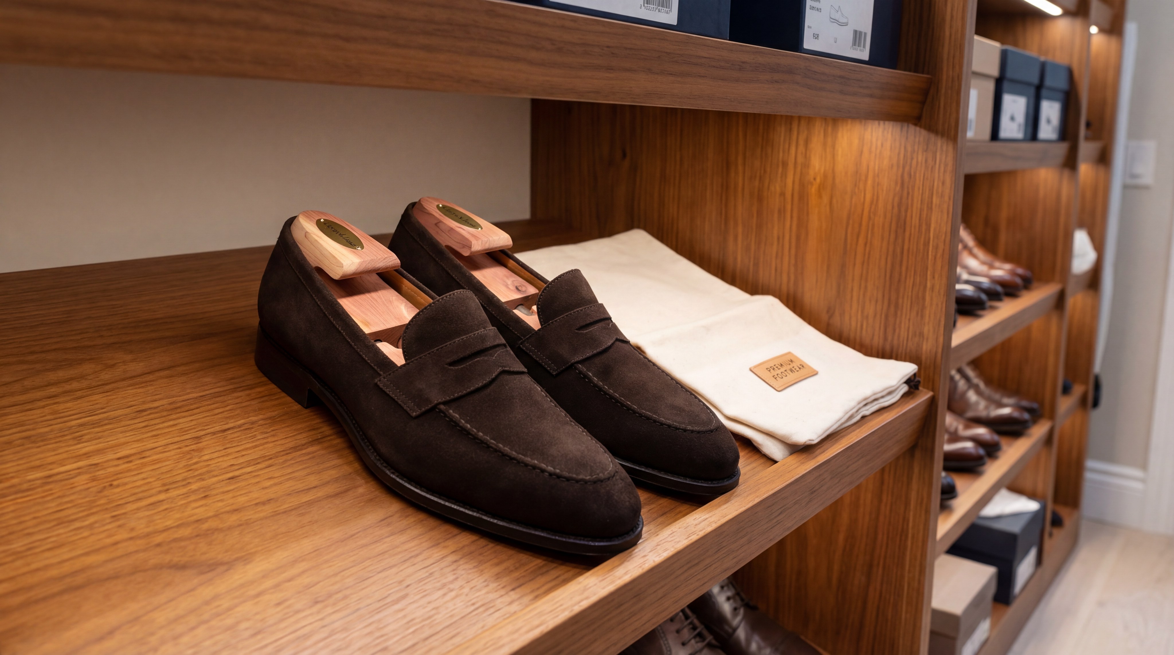 Suede shoes stored in a breathable dust bag with a cedar shoe tree