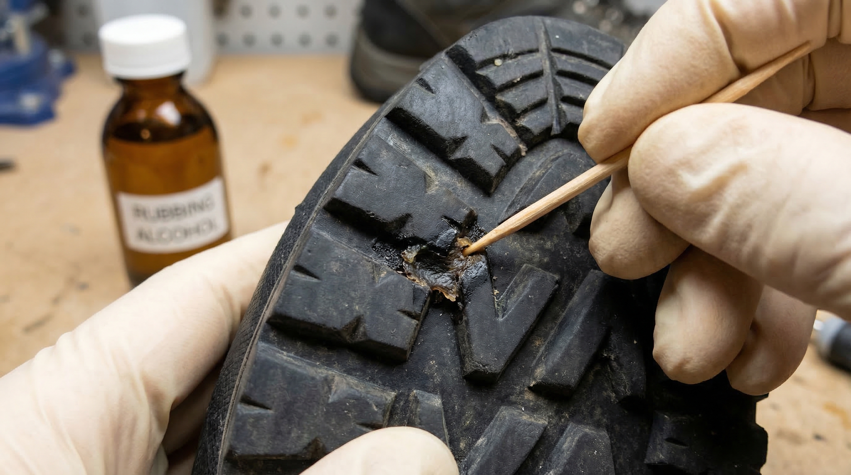 A person using a toothpick and a small amount of rubbing alcohol to pick gum out of the deep "V" shaped treads of a rugged hiking boot